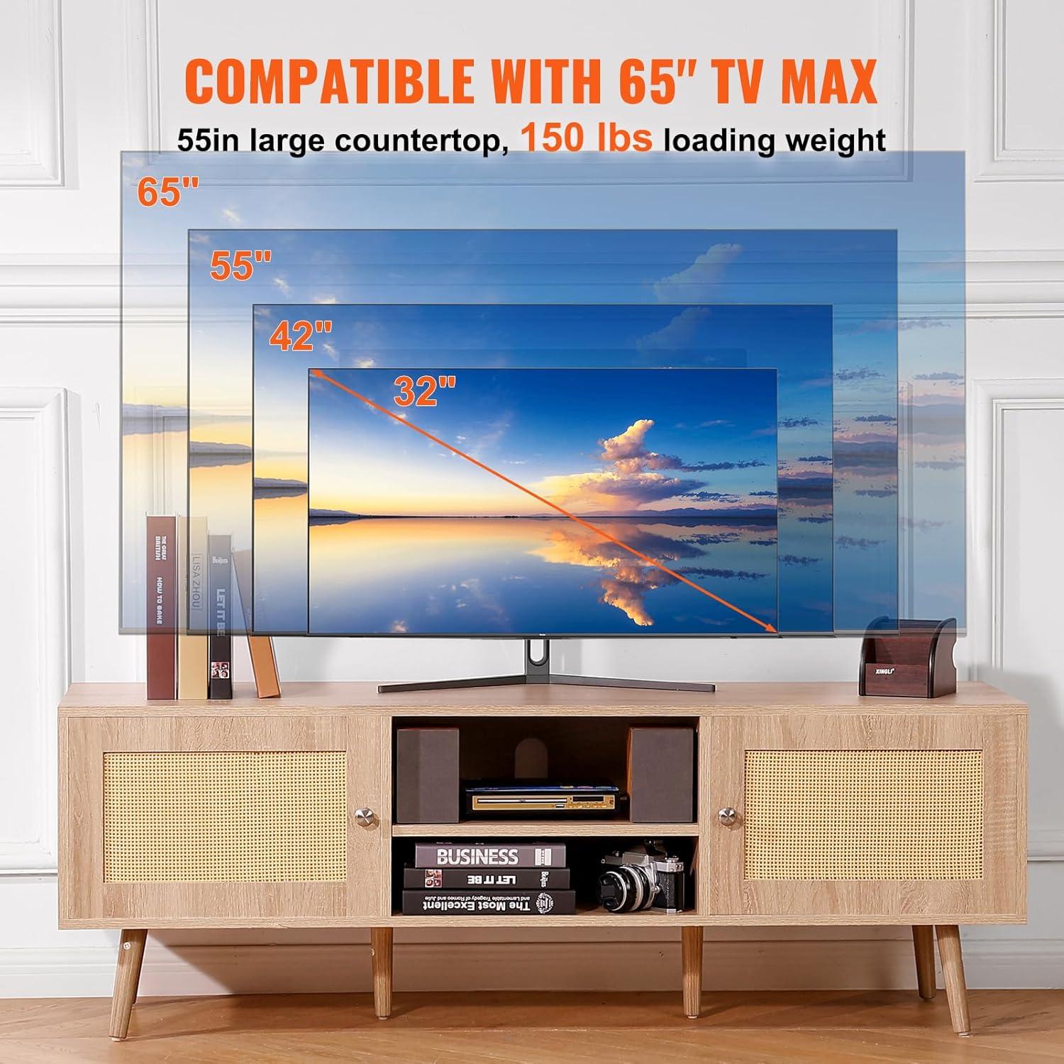 image:imageVEVOR Rattan TV Stand Mid Century Modern TV Stand for 75 inch TV Boho Rattan TV Cabinet with Buildin Socket and USB Ports Adjustable Shelfs for Living Room Media Room OakOak