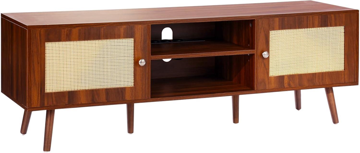 image:imageVEVOR Rattan TV Stand Mid Century Modern TV Stand for 75 inch TV Boho Rattan TV Cabinet with Buildin Socket and USB Ports Adjustable Shelfs for Living Room Media Room OakWalnut