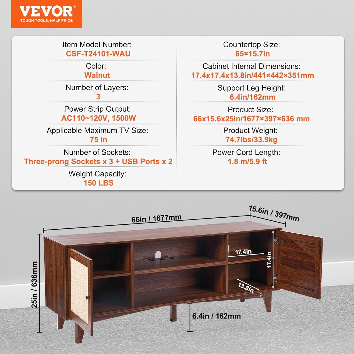 image:imageVEVOR Rattan TV Stand Mid Century Modern TV Stand for 75 inch TV Boho Rattan TV Cabinet with Buildin Socket and USB Ports Adjustable Shelfs for Living Room Media Room OakWalnut