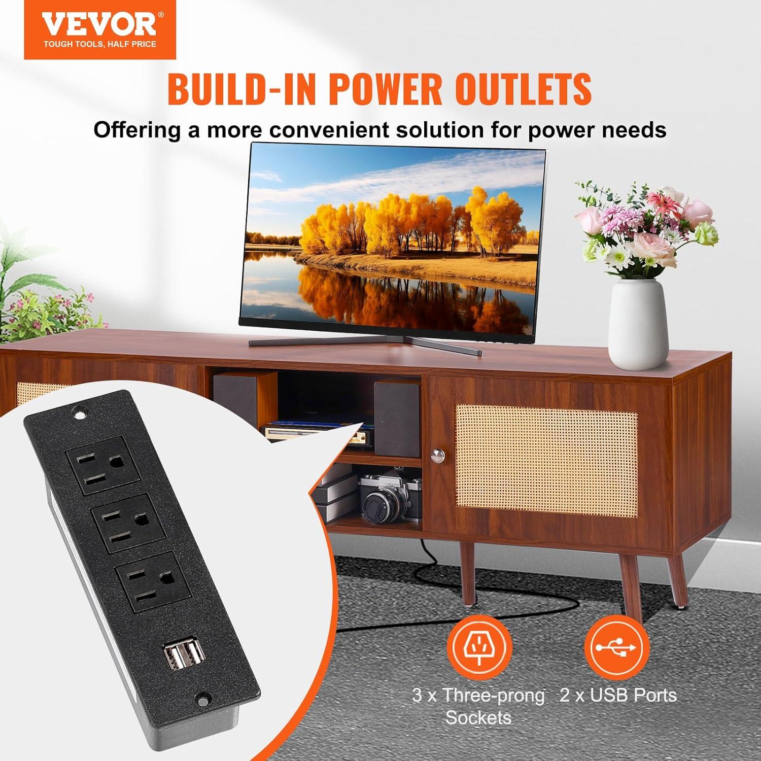 image:imageVEVOR Rattan TV Stand Mid Century Modern TV Stand for 75 inch TV Boho Rattan TV Cabinet with Buildin Socket and USB Ports Adjustable Shelfs for Living Room Media Room OakWalnut