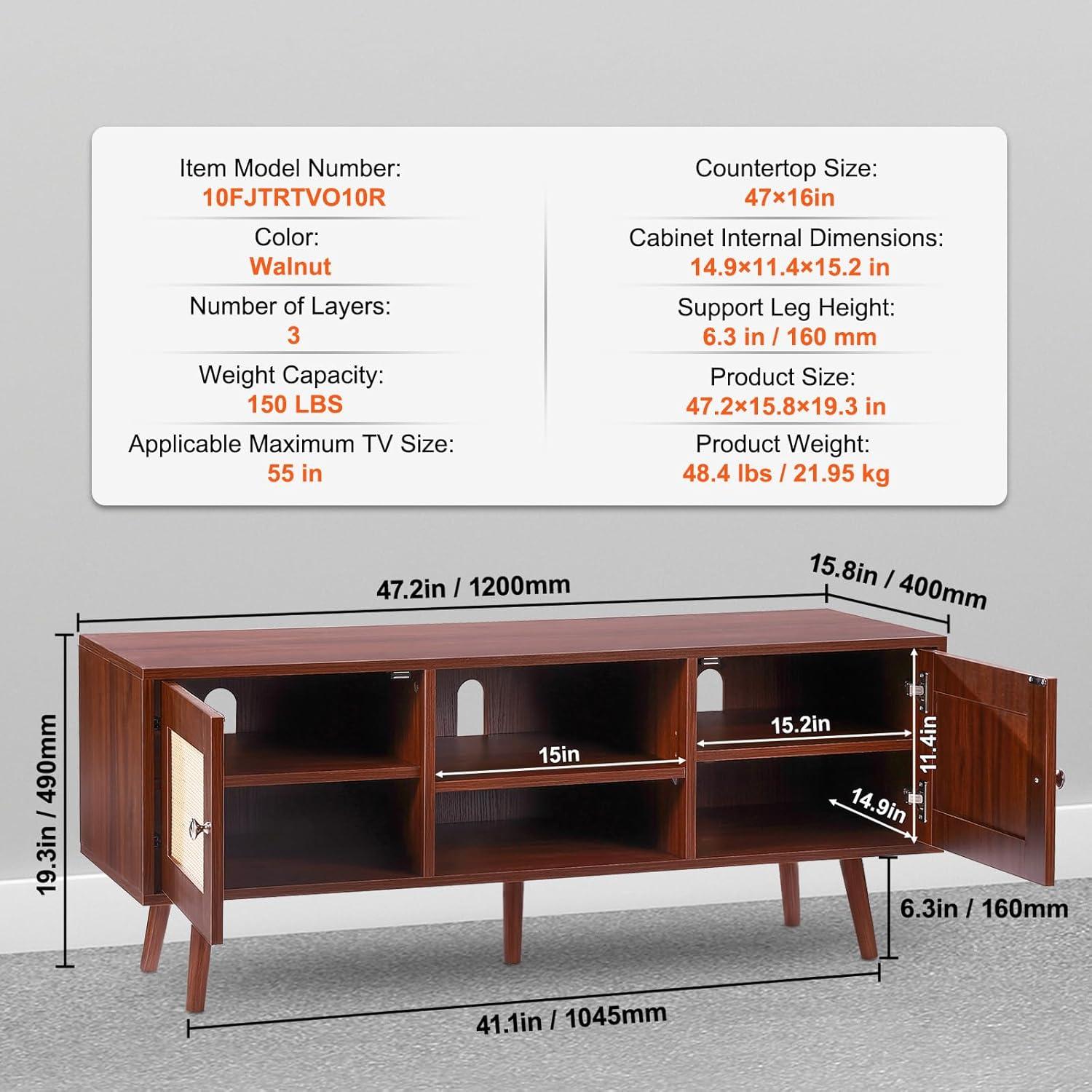 image:imageVEVOR Rattan TV Stand Mid Century Modern TV Stand for 75 inch TV Boho Rattan TV Cabinet with Buildin Socket and USB Ports Adjustable Shelfs for Living Room Media Room OakWalnut