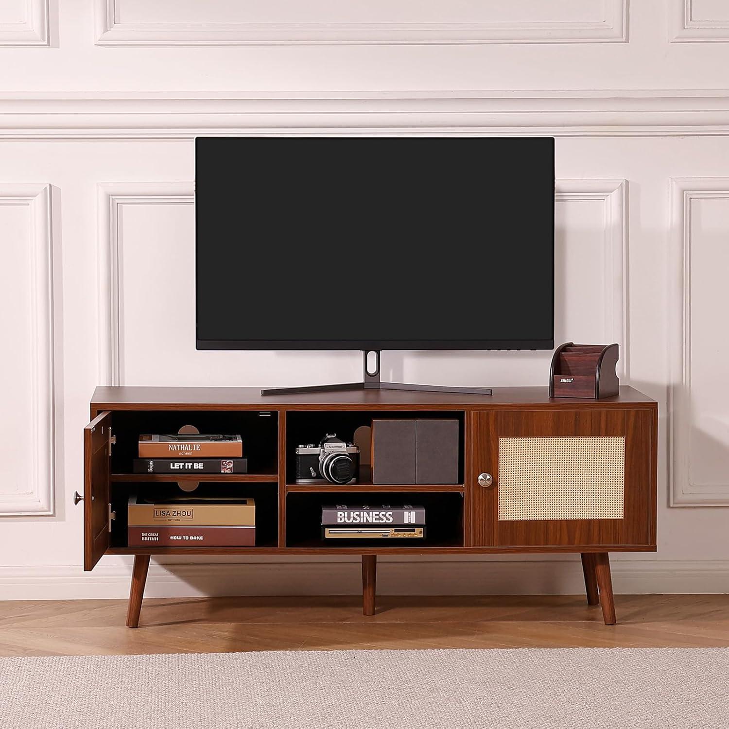image:imageVEVOR Rattan TV Stand Mid Century Modern TV Stand for 75 inch TV Boho Rattan TV Cabinet with Buildin Socket and USB Ports Adjustable Shelfs for Living Room Media Room OakWalnut
