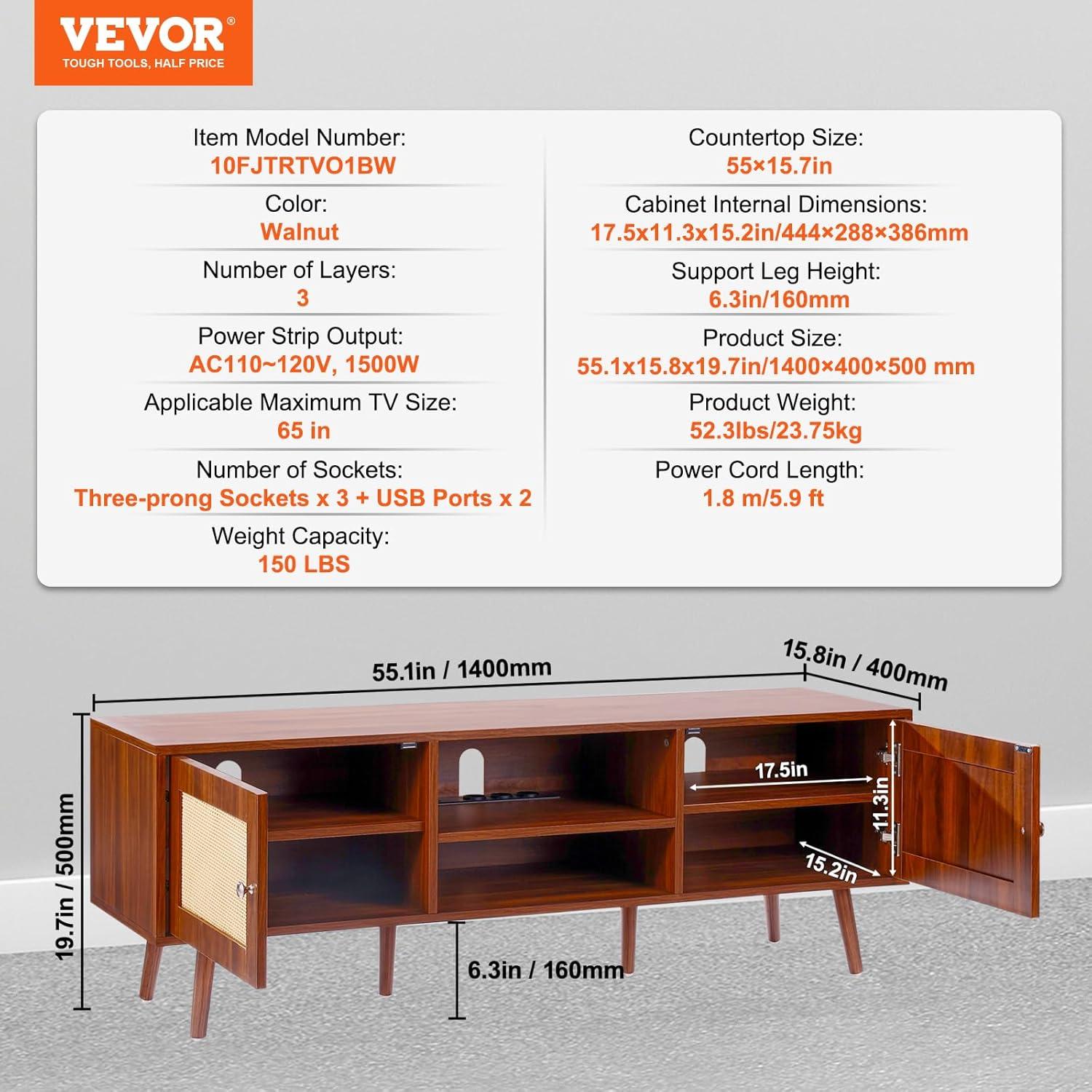image:imageVEVOR Rattan TV Stand Mid Century Modern TV Stand for 75 inch TV Boho Rattan TV Cabinet with Buildin Socket and USB Ports Adjustable Shelfs for Living Room Media Room OakWalnut