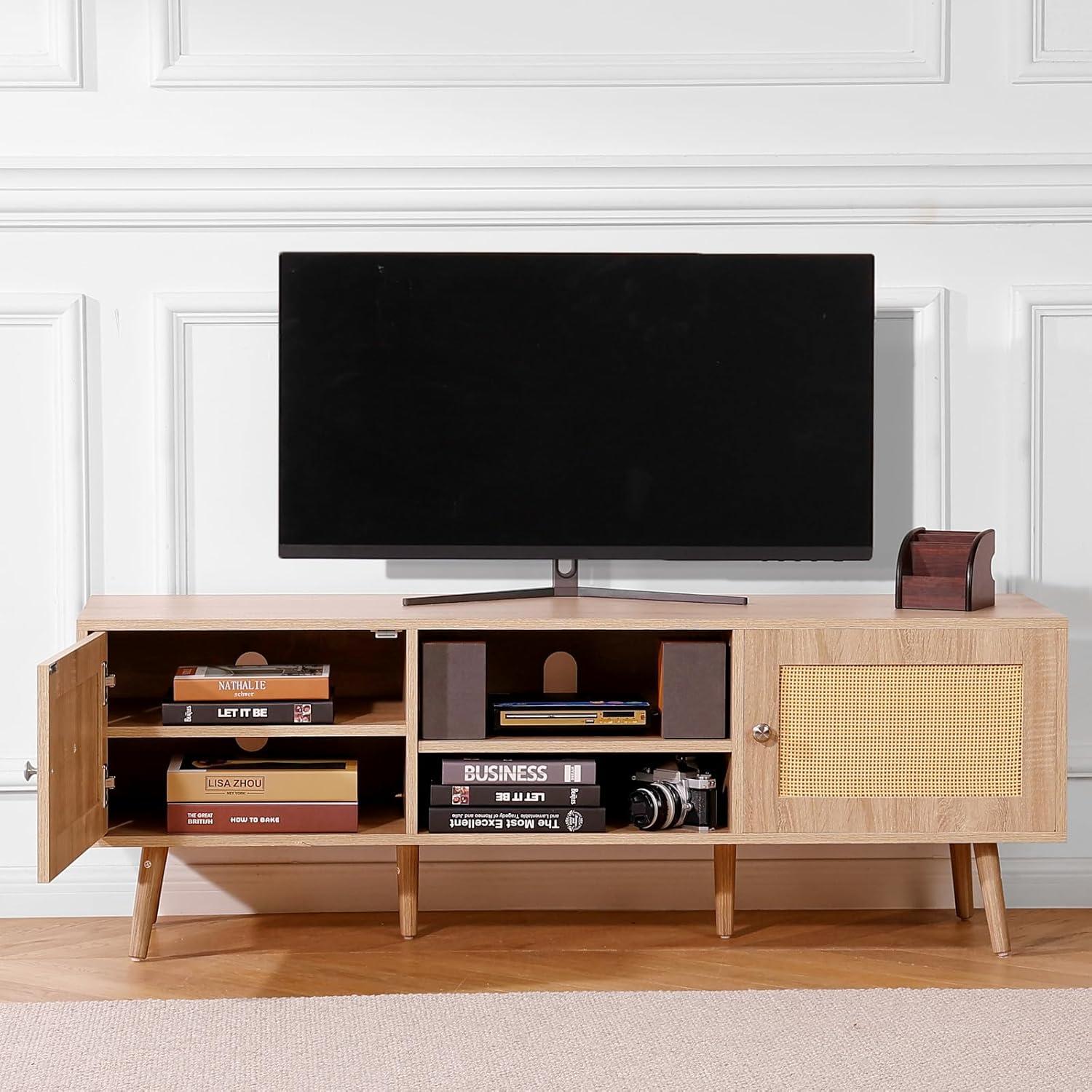 image:imageVEVOR Rattan TV Stand Mid Century Modern TV Stand for 75 inch TV Boho Rattan TV Cabinet with Buildin Socket and USB Ports Adjustable Shelfs for Living Room Media Room OakOak