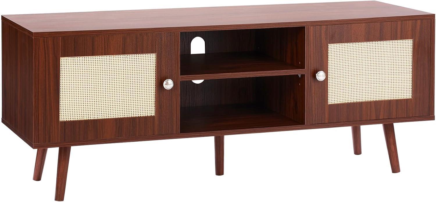 image:imageVEVOR Rattan TV Stand Mid Century Modern TV Stand for 75 inch TV Boho Rattan TV Cabinet with Buildin Socket and USB Ports Adjustable Shelfs for Living Room Media Room OakWalnut
