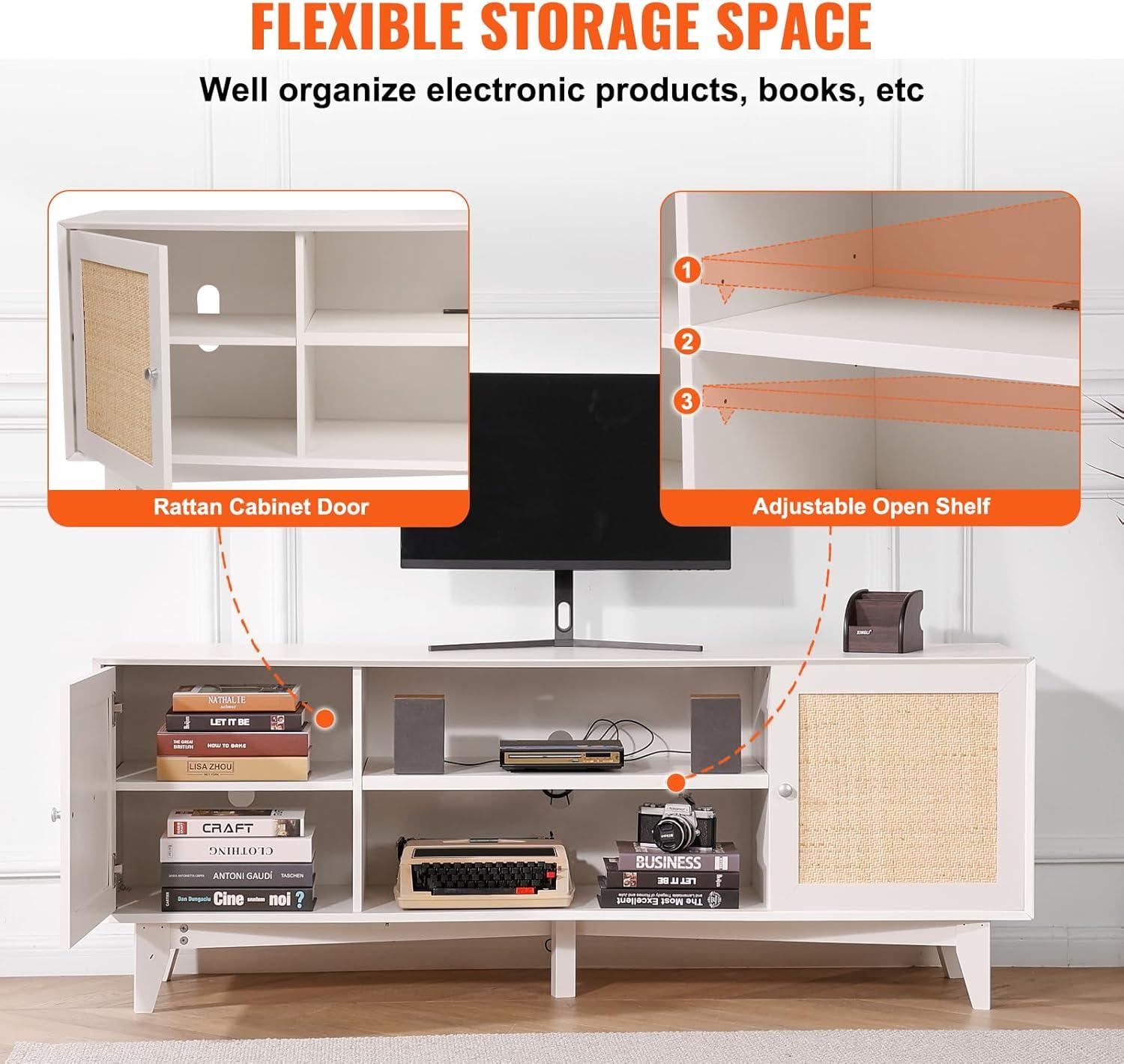 image:imageVEVOR Rattan TV Stand Mid Century Modern TV Stand for 75 inch TV Boho Rattan TV Cabinet with Buildin Socket and USB Ports Adjustable Shelfs for Living Room Media Room OakWhite