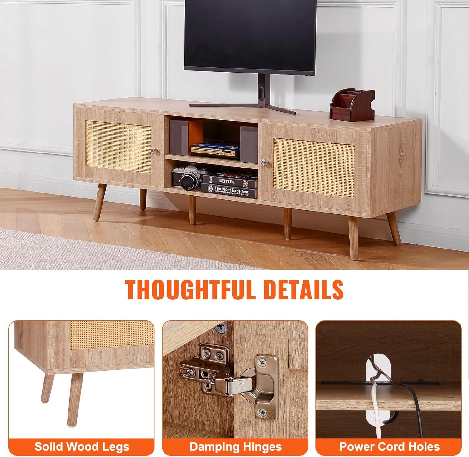 image:imageVEVOR Rattan TV Stand Mid Century Modern TV Stand for 75 inch TV Boho Rattan TV Cabinet with Buildin Socket and USB Ports Adjustable Shelfs for Living Room Media Room OakOak