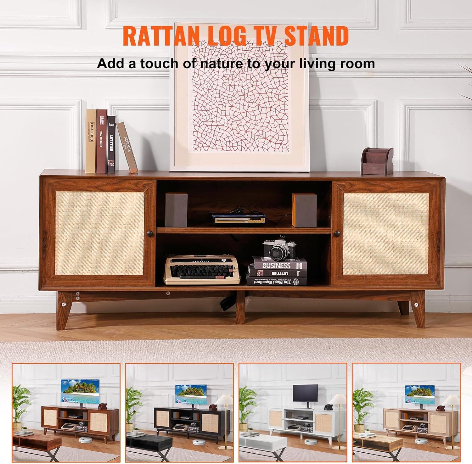 image:imageVEVOR Rattan TV Stand Mid Century Modern TV Stand for 75 inch TV Boho Rattan TV Cabinet with Buildin Socket and USB Ports Adjustable Shelfs for Living Room Media Room OakWalnut