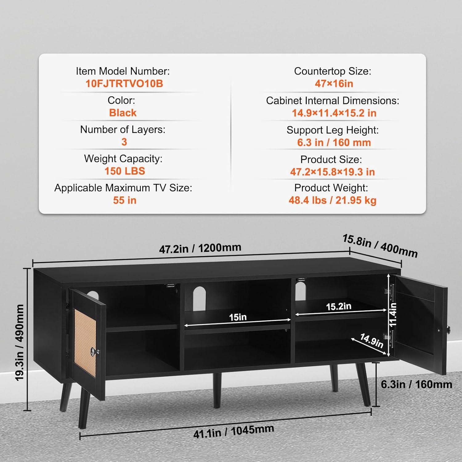 image:imageVEVOR Rattan TV Stand Mid Century Modern TV Stand for 75 inch TV Boho Rattan TV Cabinet with Buildin Socket and USB Ports Adjustable Shelfs for Living Room Media Room OakBlack