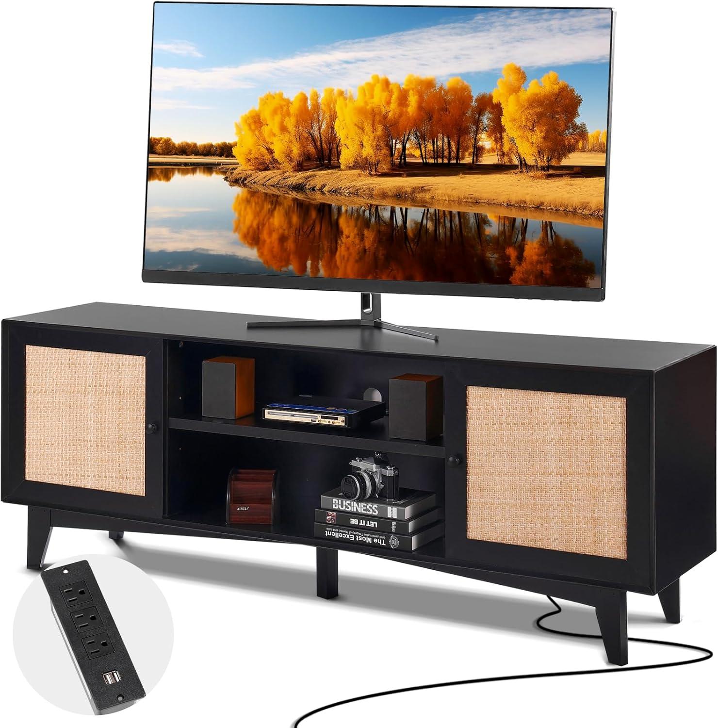 image:imageVEVOR Rattan TV Stand Mid Century Modern TV Stand for 75 inch TV Boho Rattan TV Cabinet with Buildin Socket and USB Ports Adjustable Shelfs for Living Room Media Room OakBlack