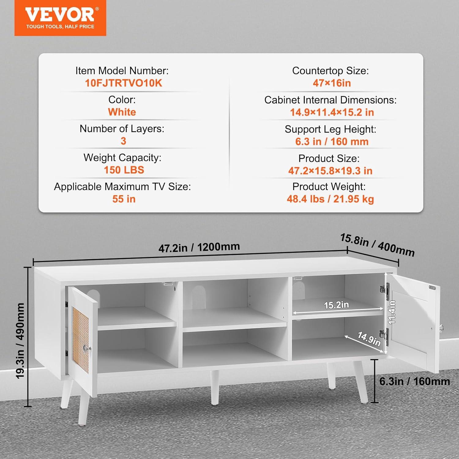 image:imageVEVOR Rattan TV Stand Mid Century Modern TV Stand for 75 inch TV Boho Rattan TV Cabinet with Buildin Socket and USB Ports Adjustable Shelfs for Living Room Media Room OakWhite