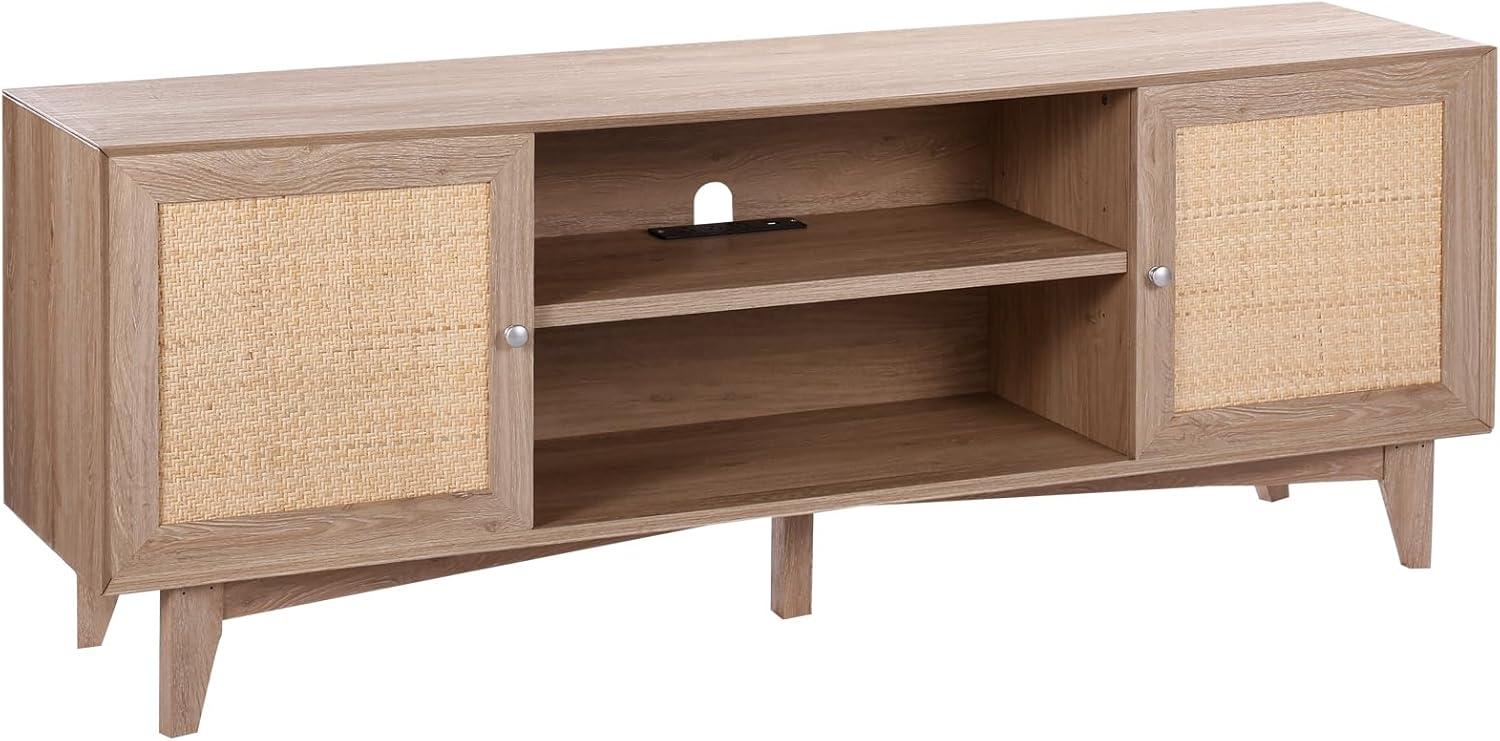 image:imageVEVOR Rattan TV Stand Mid Century Modern TV Stand for 75 inch TV Boho Rattan TV Cabinet with Buildin Socket and USB Ports Adjustable Shelfs for Living Room Media Room OakOak