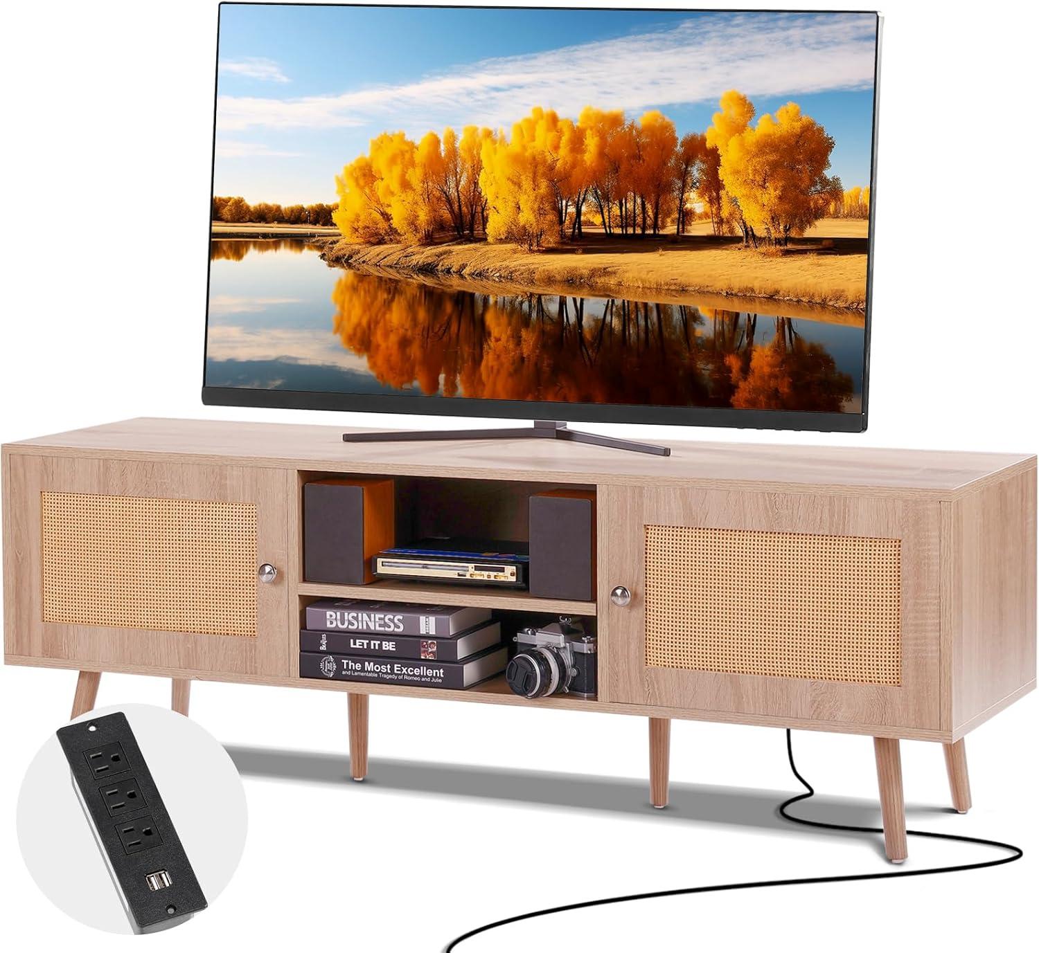 image:imageVEVOR Rattan TV Stand Mid Century Modern TV Stand for 75 inch TV Boho Rattan TV Cabinet with Buildin Socket and USB Ports Adjustable Shelfs for Living Room Media Room OakOak
