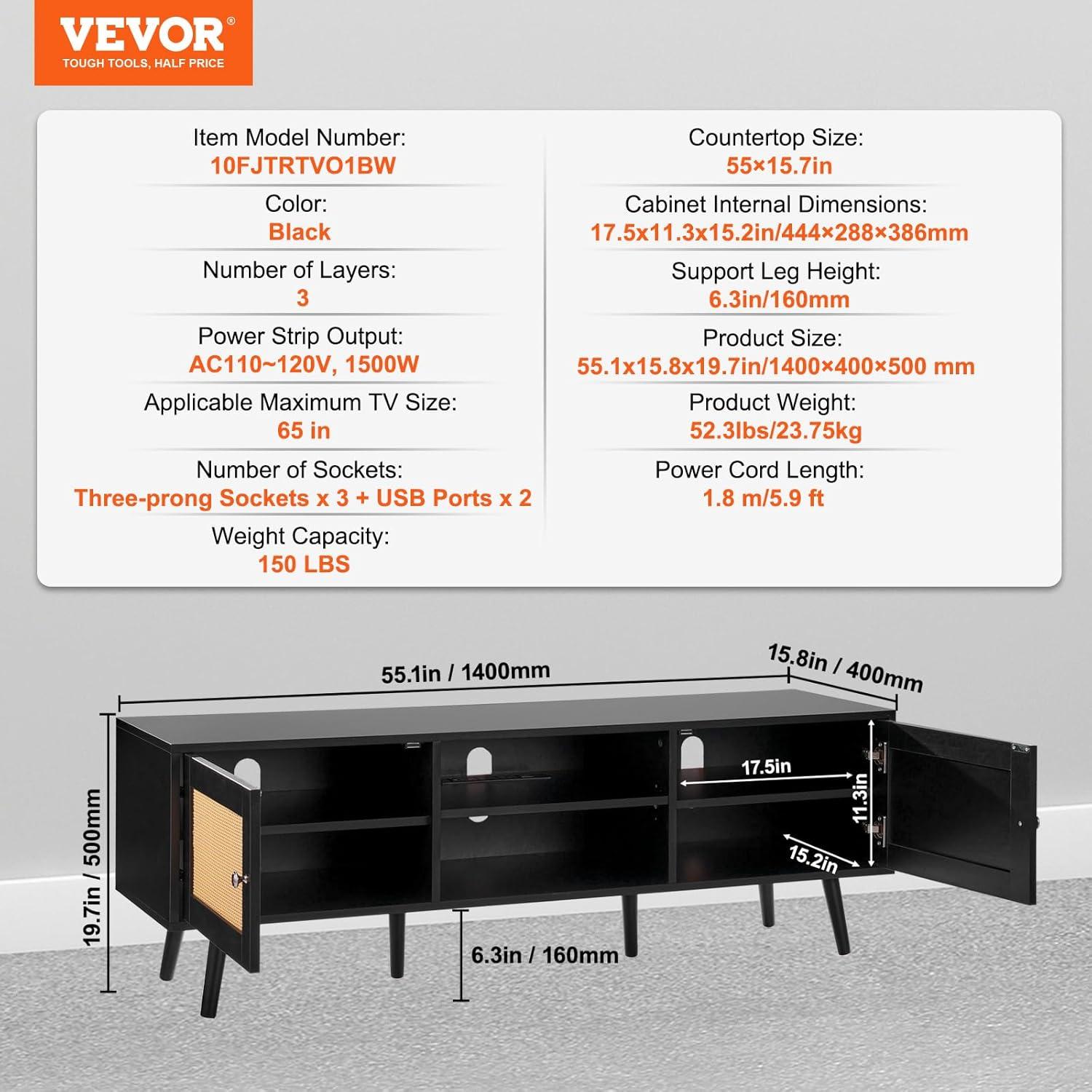 image:imageVEVOR Rattan TV Stand Mid Century Modern TV Stand for 75 inch TV Boho Rattan TV Cabinet with Buildin Socket and USB Ports Adjustable Shelfs for Living Room Media Room OakBlack