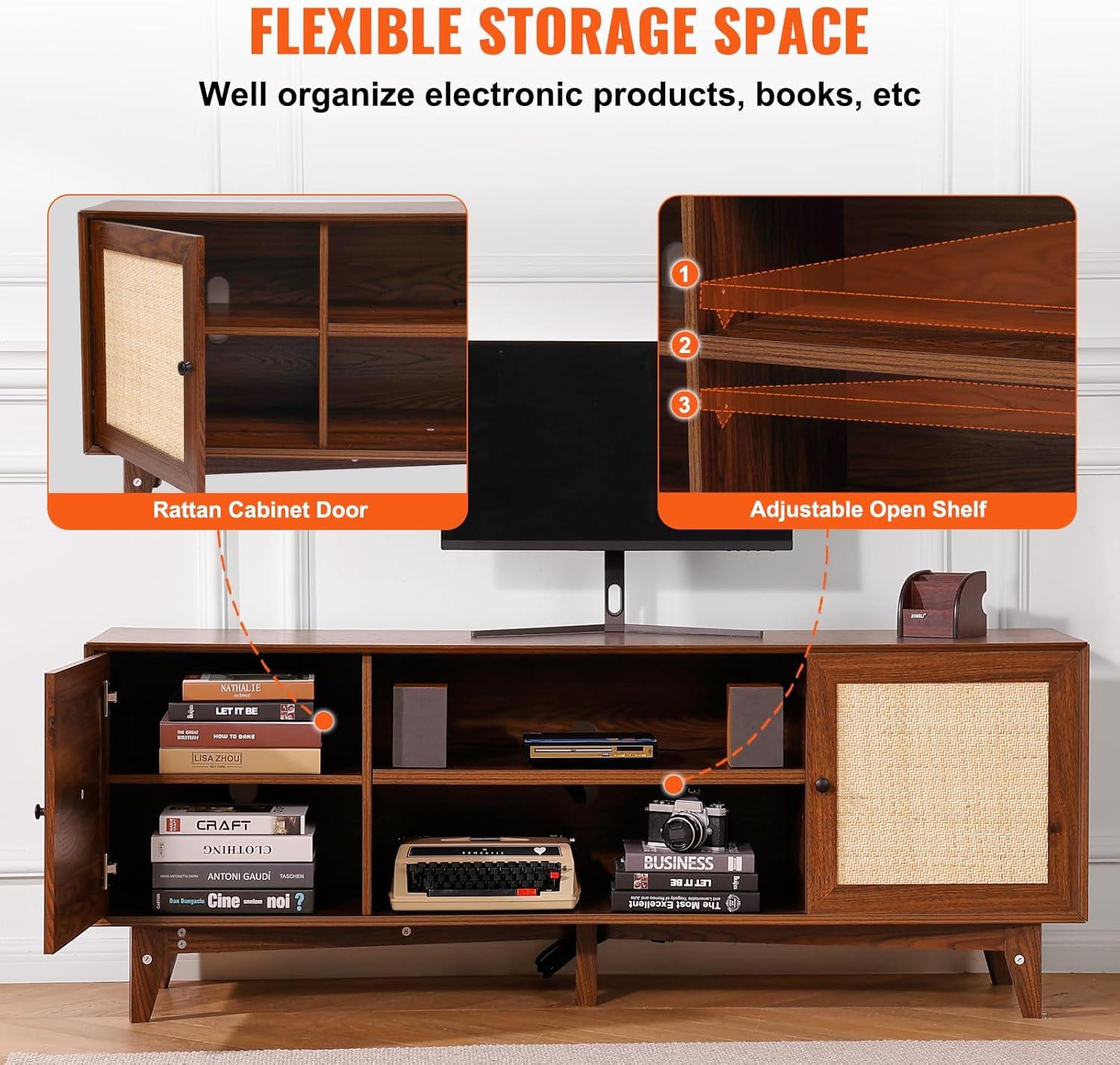 image:imageVEVOR Rattan TV Stand Mid Century Modern TV Stand for 75 inch TV Boho Rattan TV Cabinet with Buildin Socket and USB Ports Adjustable Shelfs for Living Room Media Room OakWalnut