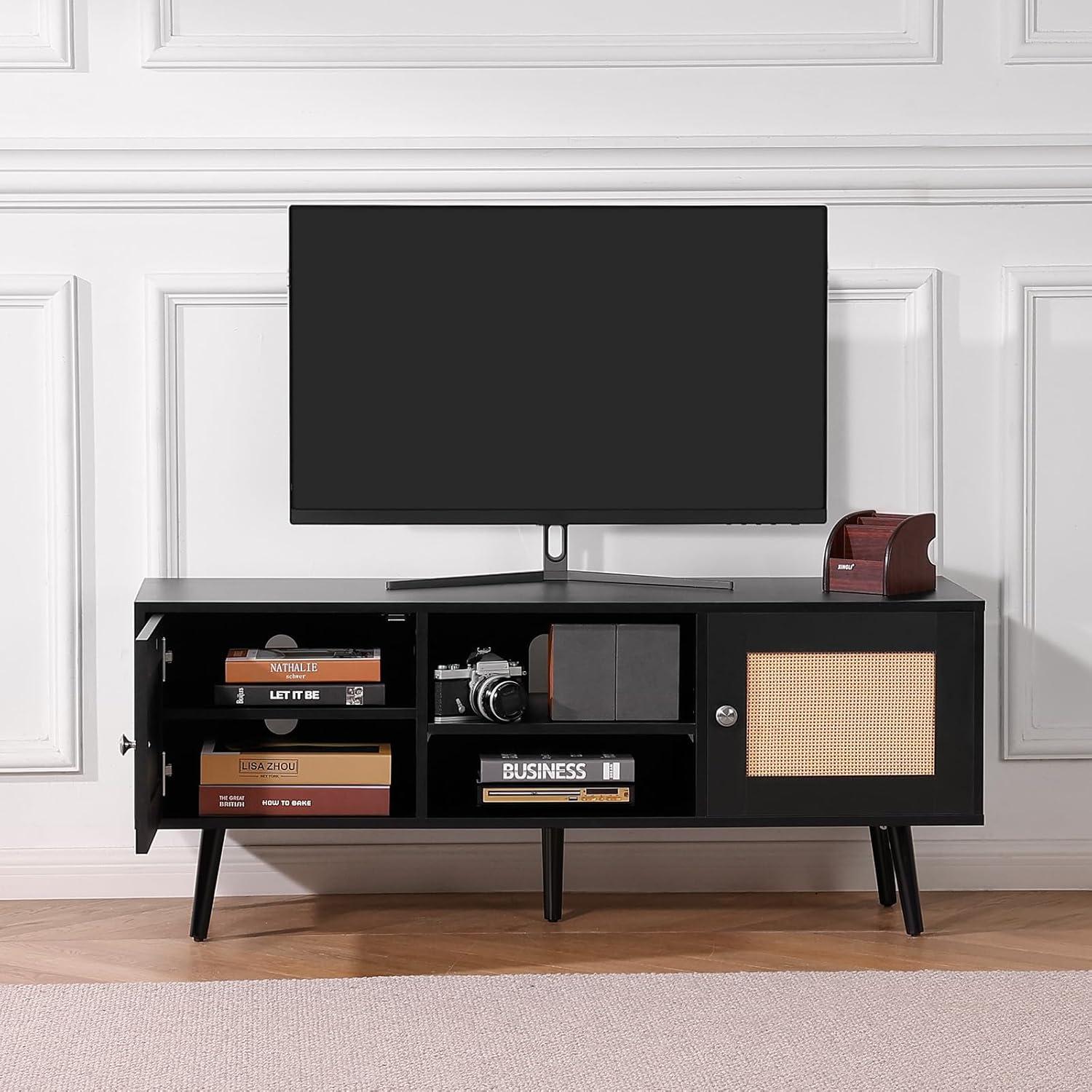 image:imageVEVOR Rattan TV Stand Mid Century Modern TV Stand for 75 inch TV Boho Rattan TV Cabinet with Buildin Socket and USB Ports Adjustable Shelfs for Living Room Media Room OakBlack