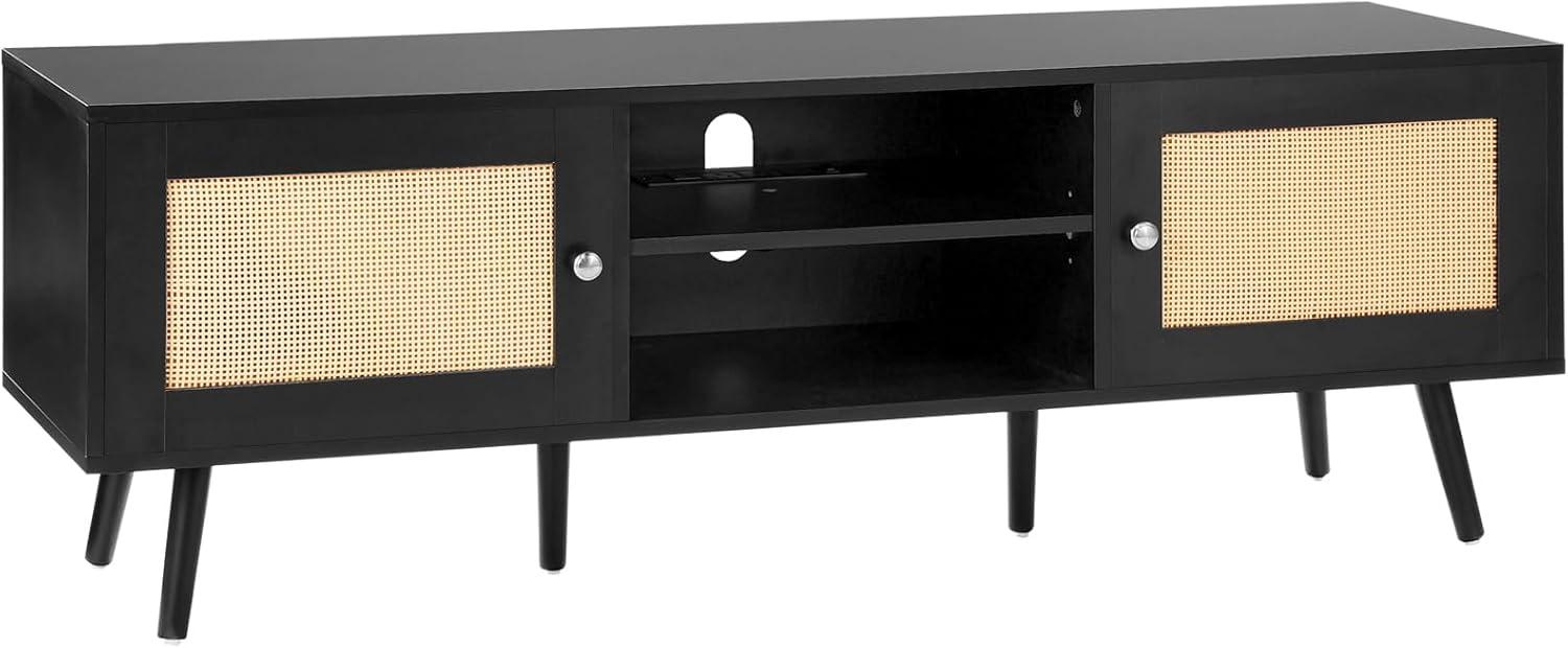 image:imageVEVOR Rattan TV Stand Mid Century Modern TV Stand for 75 inch TV Boho Rattan TV Cabinet with Buildin Socket and USB Ports Adjustable Shelfs for Living Room Media Room OakBlack