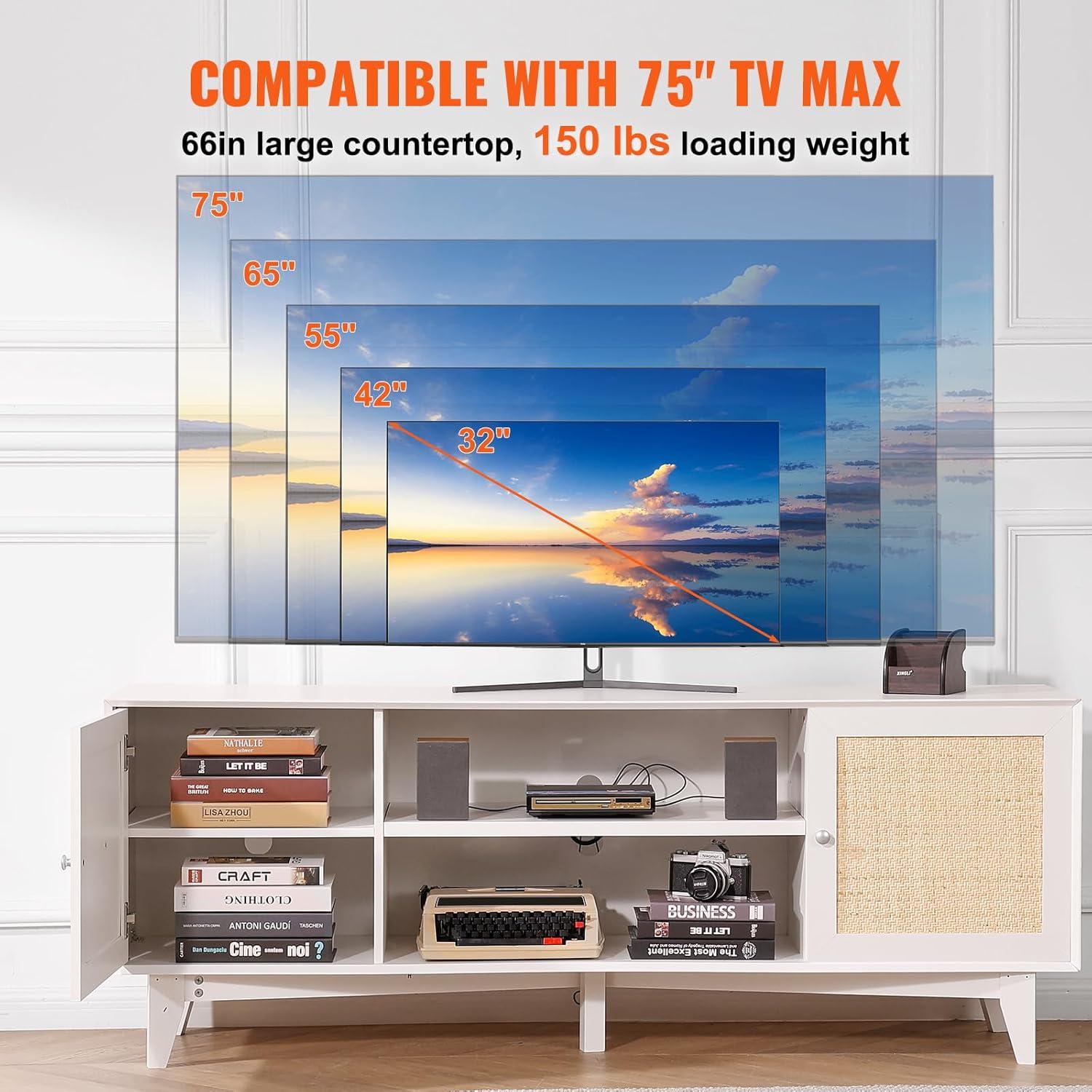image:imageVEVOR Rattan TV Stand Mid Century Modern TV Stand for 75 inch TV Boho Rattan TV Cabinet with Buildin Socket and USB Ports Adjustable Shelfs for Living Room Media Room OakWhite