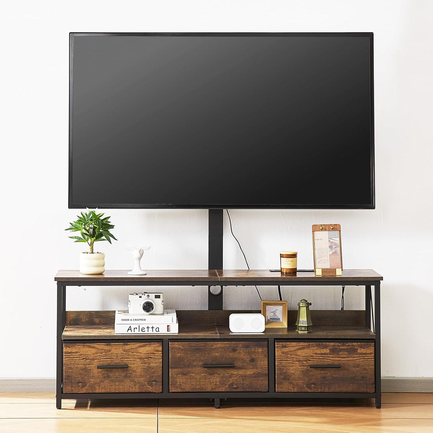 image:imageVEVOR Rattan TV Stand Mid Century Modern TV Stand for 75 inch TV Boho Rattan TV Cabinet with Buildin Socket and USB Ports Adjustable Shelfs for Living Room Media Room OakBrown