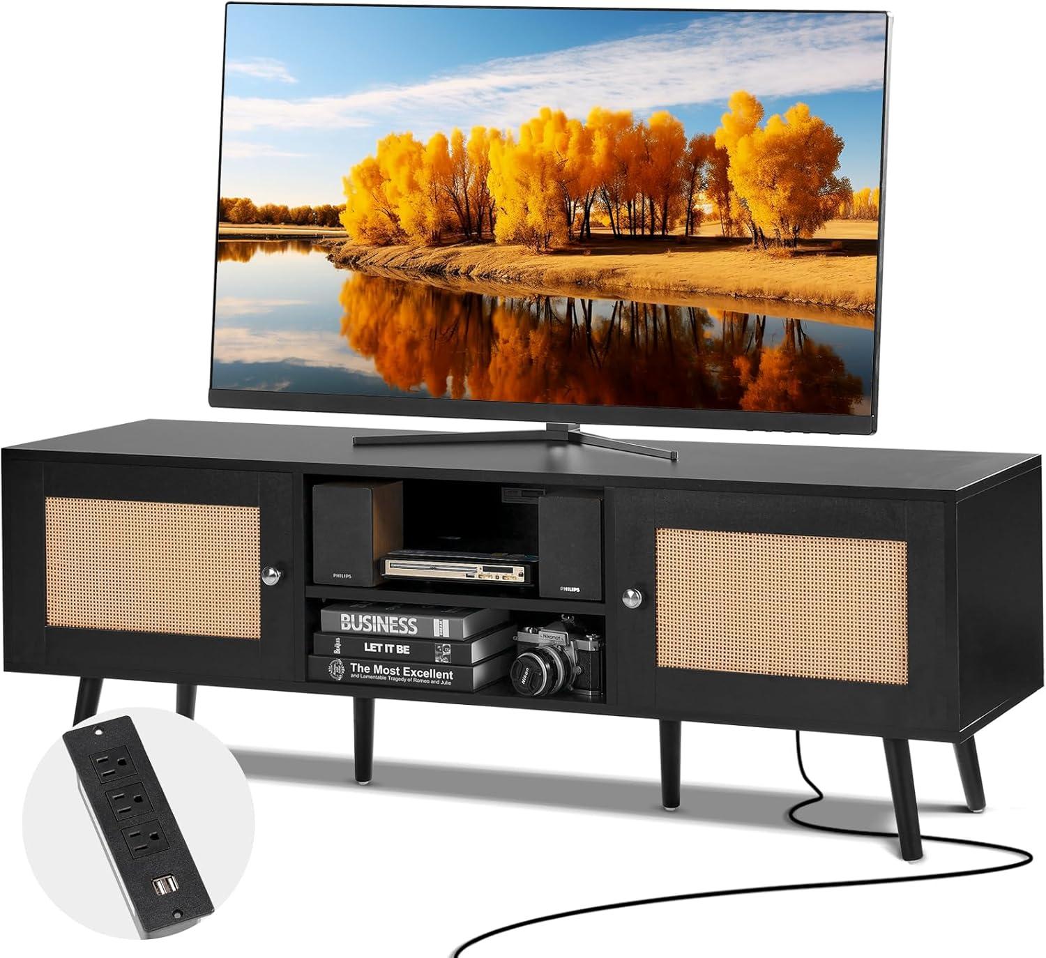 image:imageVEVOR Rattan TV Stand Mid Century Modern TV Stand for 75 inch TV Boho Rattan TV Cabinet with Buildin Socket and USB Ports Adjustable Shelfs for Living Room Media Room OakBlack