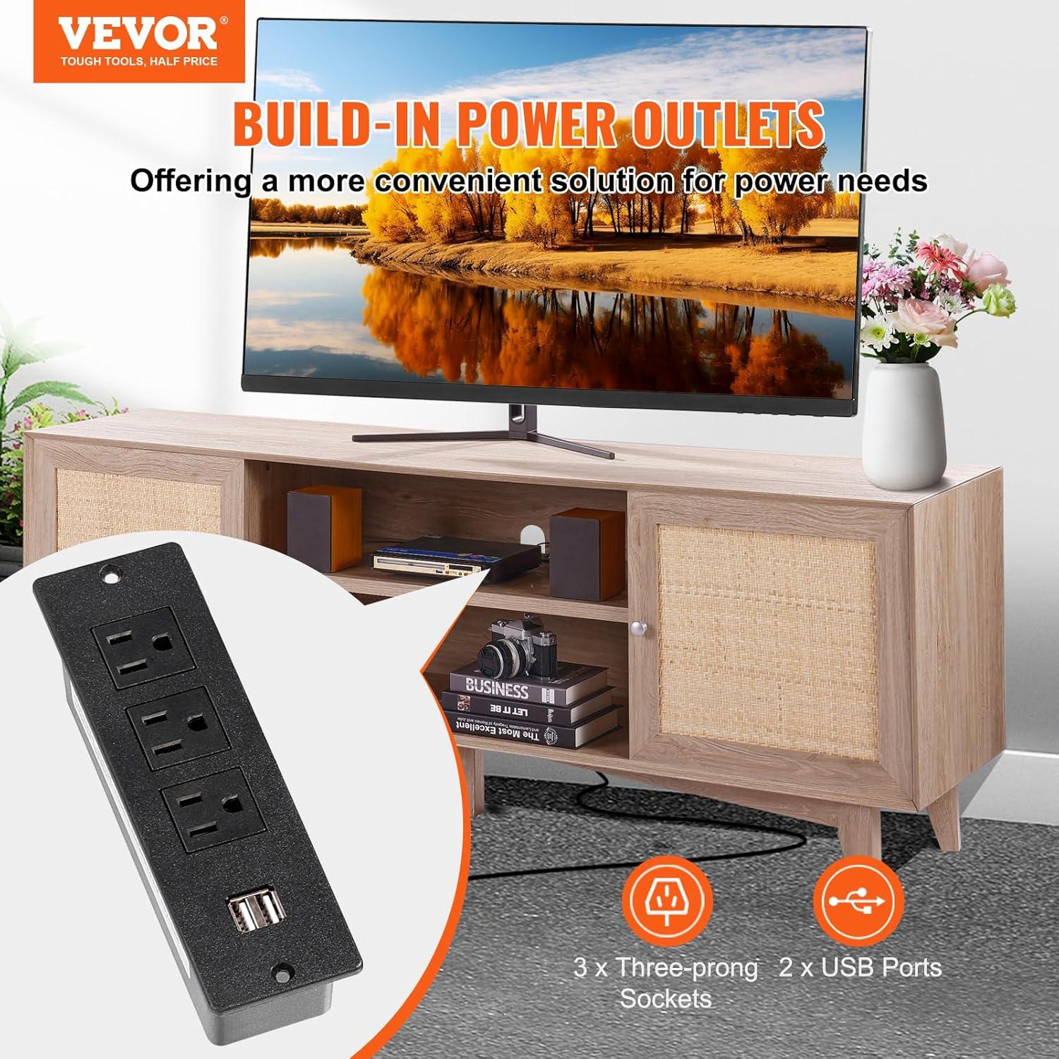 image:imageVEVOR Rattan TV Stand Mid Century Modern TV Stand for 75 inch TV Boho Rattan TV Cabinet with Buildin Socket and USB Ports Adjustable Shelfs for Living Room Media Room OakOak