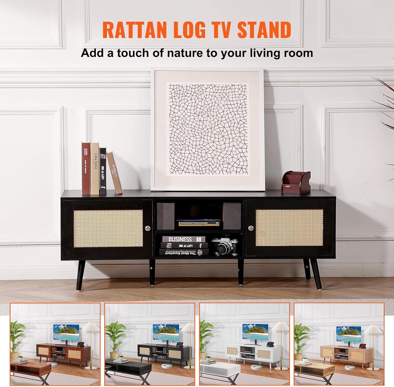 image:imageVEVOR Rattan TV Stand Mid Century Modern TV Stand for 75 inch TV Boho Rattan TV Cabinet with Buildin Socket and USB Ports Adjustable Shelfs for Living Room Media Room OakBlack