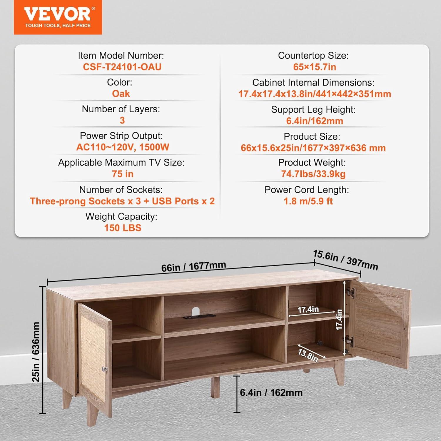 image:imageVEVOR Rattan TV Stand Mid Century Modern TV Stand for 75 inch TV Boho Rattan TV Cabinet with Buildin Socket and USB Ports Adjustable Shelfs for Living Room Media Room OakOak