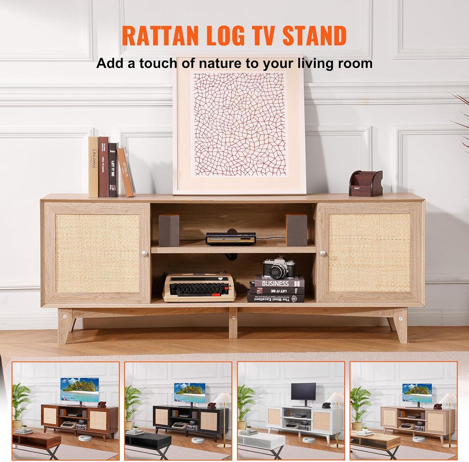 image:imageVEVOR Rattan TV Stand Mid Century Modern TV Stand for 75 inch TV Boho Rattan TV Cabinet with Buildin Socket and USB Ports Adjustable Shelfs for Living Room Media Room OakOak