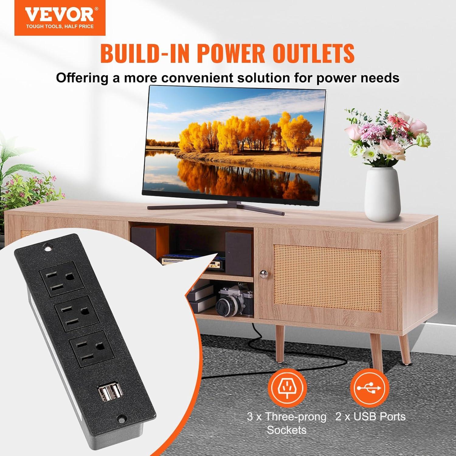 image:imageVEVOR Rattan TV Stand Mid Century Modern TV Stand for 75 inch TV Boho Rattan TV Cabinet with Buildin Socket and USB Ports Adjustable Shelfs for Living Room Media Room OakOak