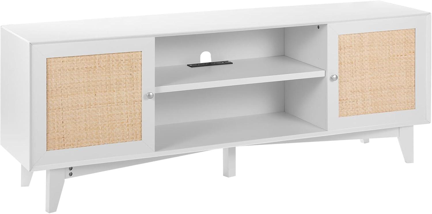 image:imageVEVOR Rattan TV Stand Mid Century Modern TV Stand for 75 inch TV Boho Rattan TV Cabinet with Buildin Socket and USB Ports Adjustable Shelfs for Living Room Media Room OakWhite