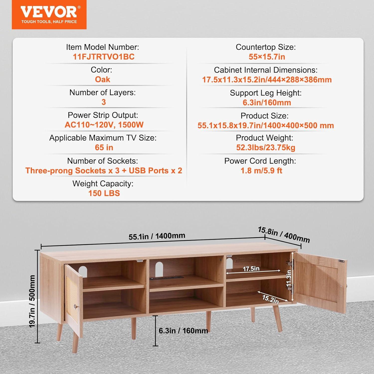 image:imageVEVOR Rattan TV Stand Mid Century Modern TV Stand for 75 inch TV Boho Rattan TV Cabinet with Buildin Socket and USB Ports Adjustable Shelfs for Living Room Media Room OakOak