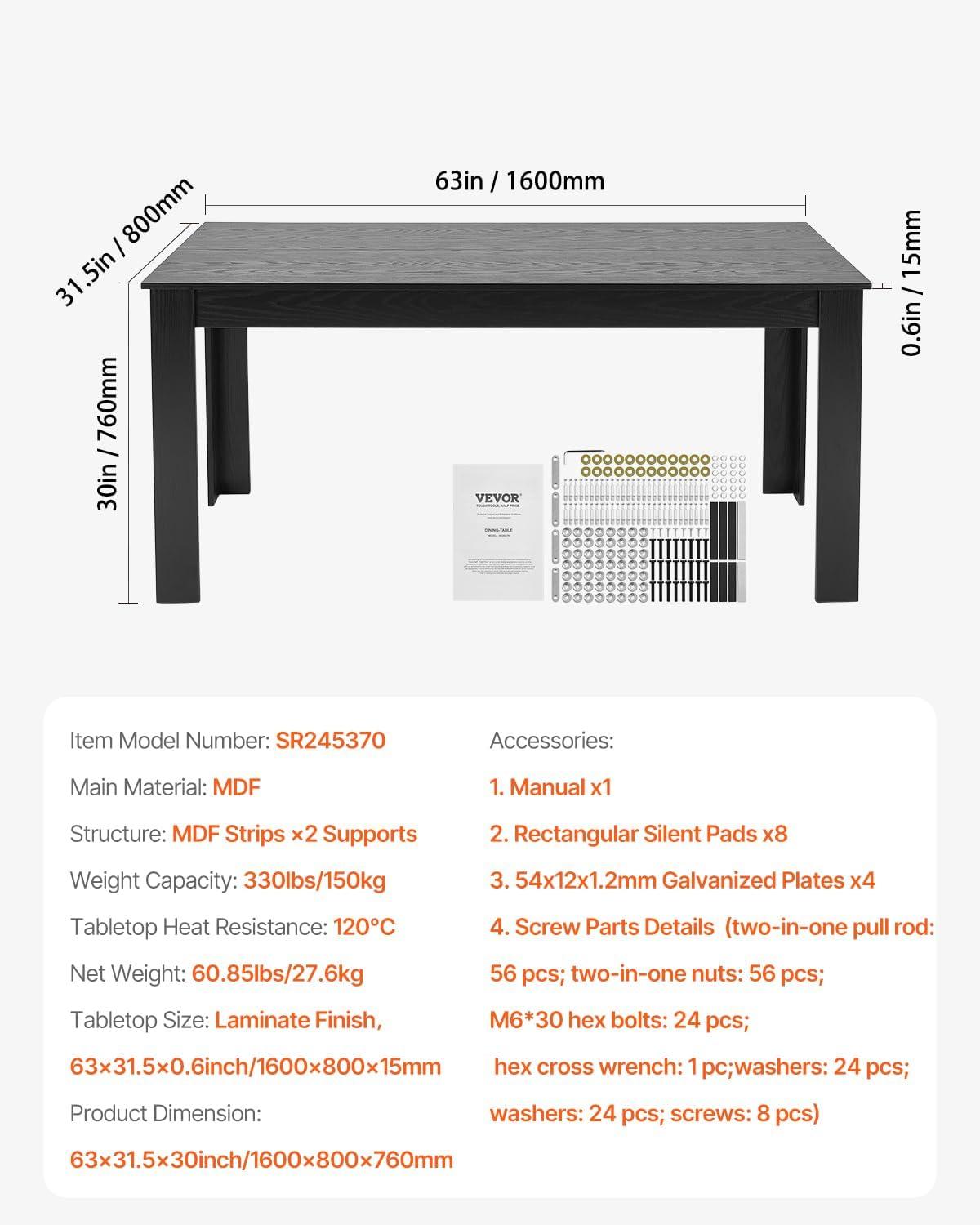 image:imageVEVOR Rectangle Dining Table 63 inch Length Large Wood Tables for 46 Person Modern Dinner Furniture Conference Desk Supporting for 330LBS for Home Kitchen Living Room BlackOnly Table
