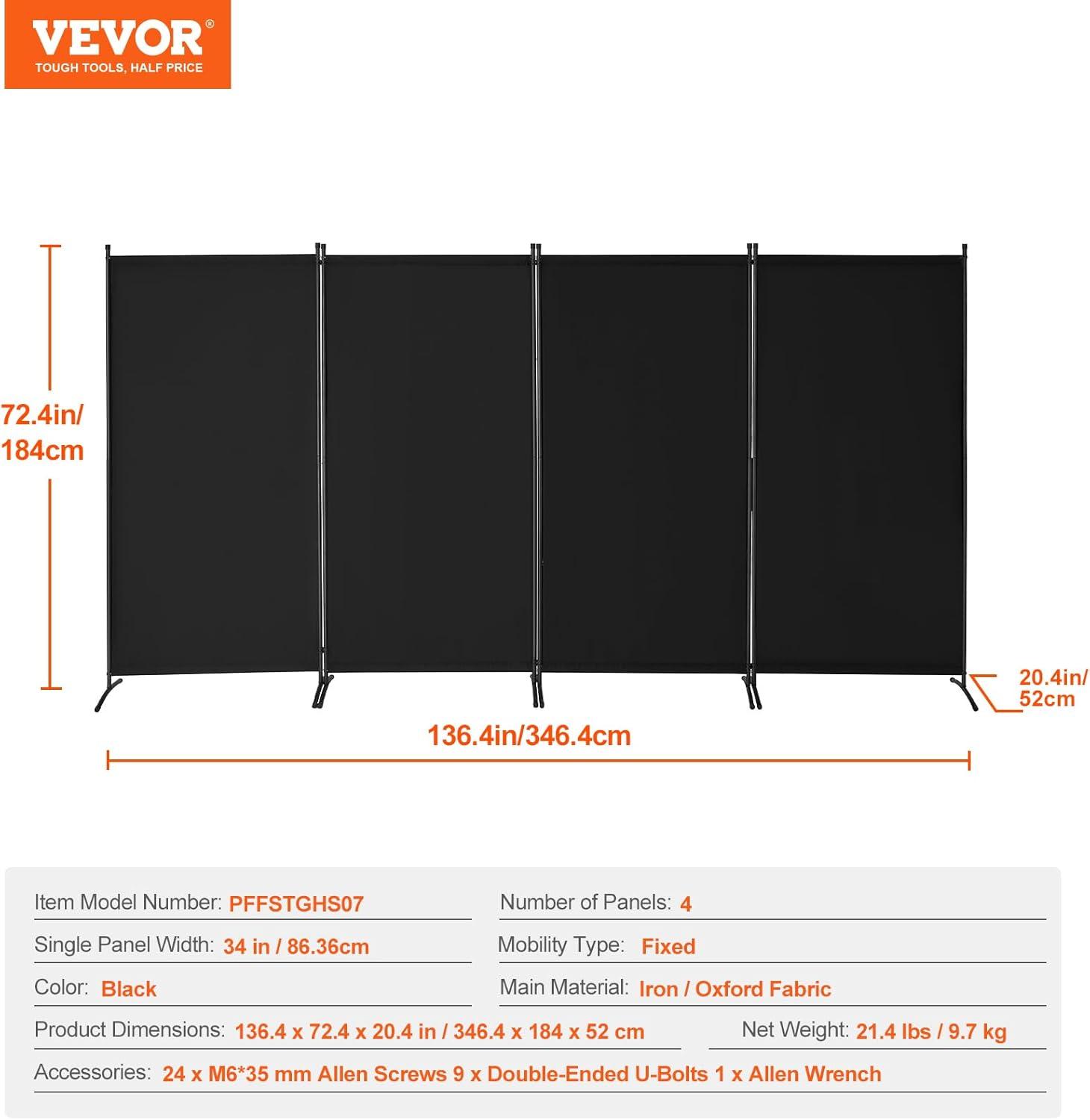 image:imageVEVOR Room Divider 4 Panel Room Divider 136 W Folding Privacy Screen and Portable Partition Divider for Room Separation Freestanding Room Partitions for Office Bedroom Study GreyBlack