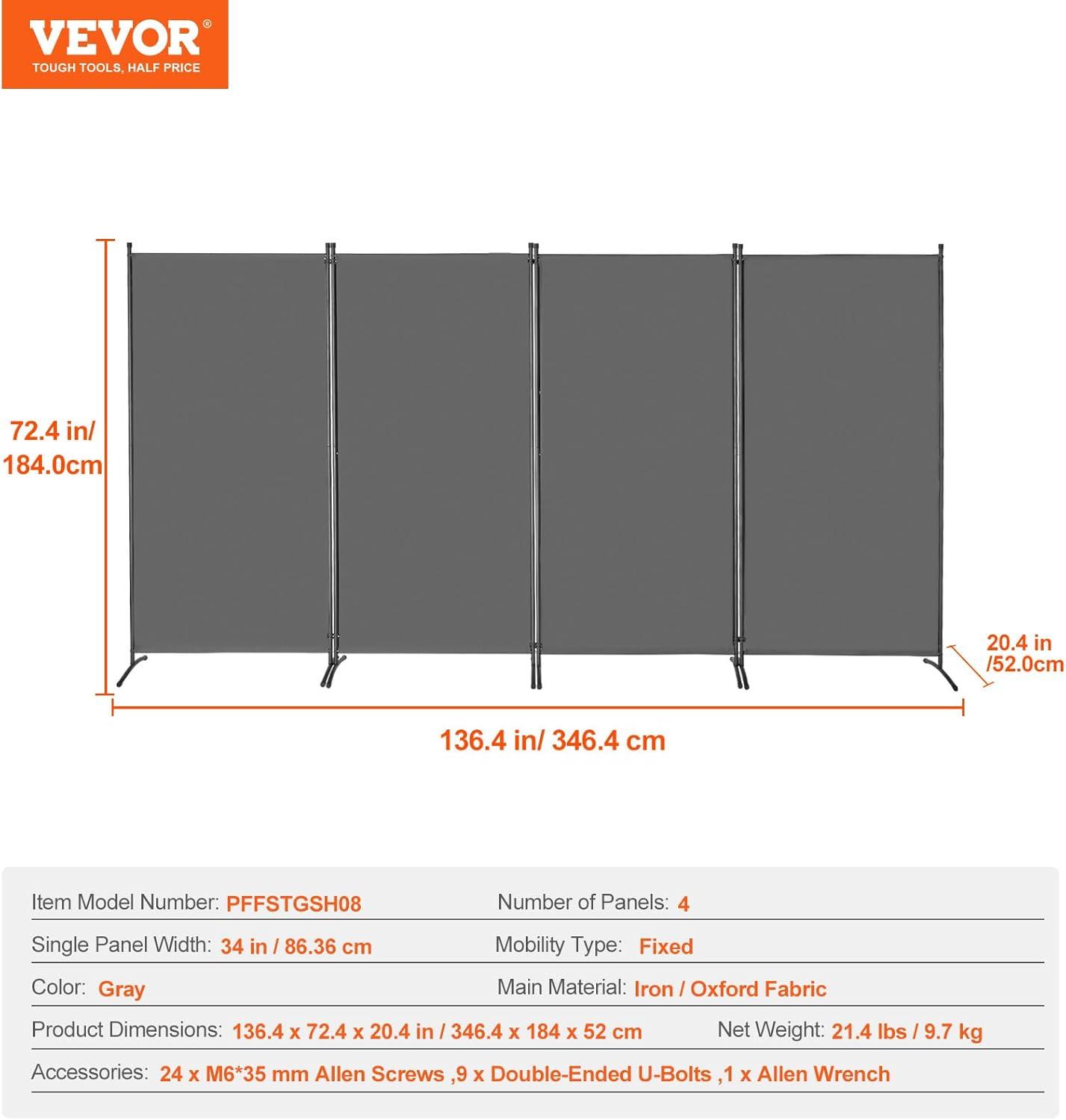 image:imageVEVOR Room Divider 4 Panel Room Divider 136 W Folding Privacy Screen and Portable Partition Divider for Room Separation Freestanding Room Partitions for Office Bedroom Study GreyGrey
