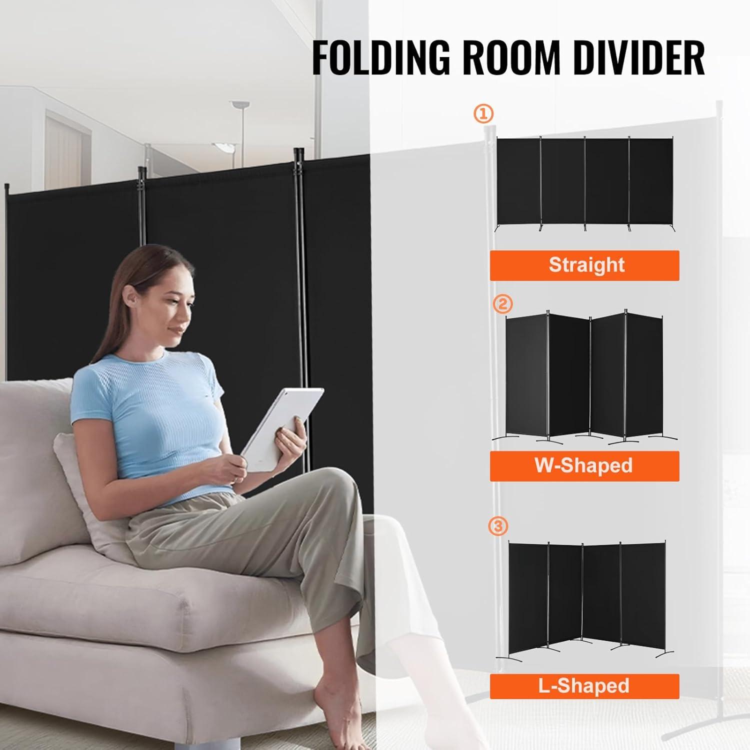image:imageVEVOR Room Divider 4 Panel Room Divider 136 W Folding Privacy Screen and Portable Partition Divider for Room Separation Freestanding Room Partitions for Office Bedroom Study GreyBlack