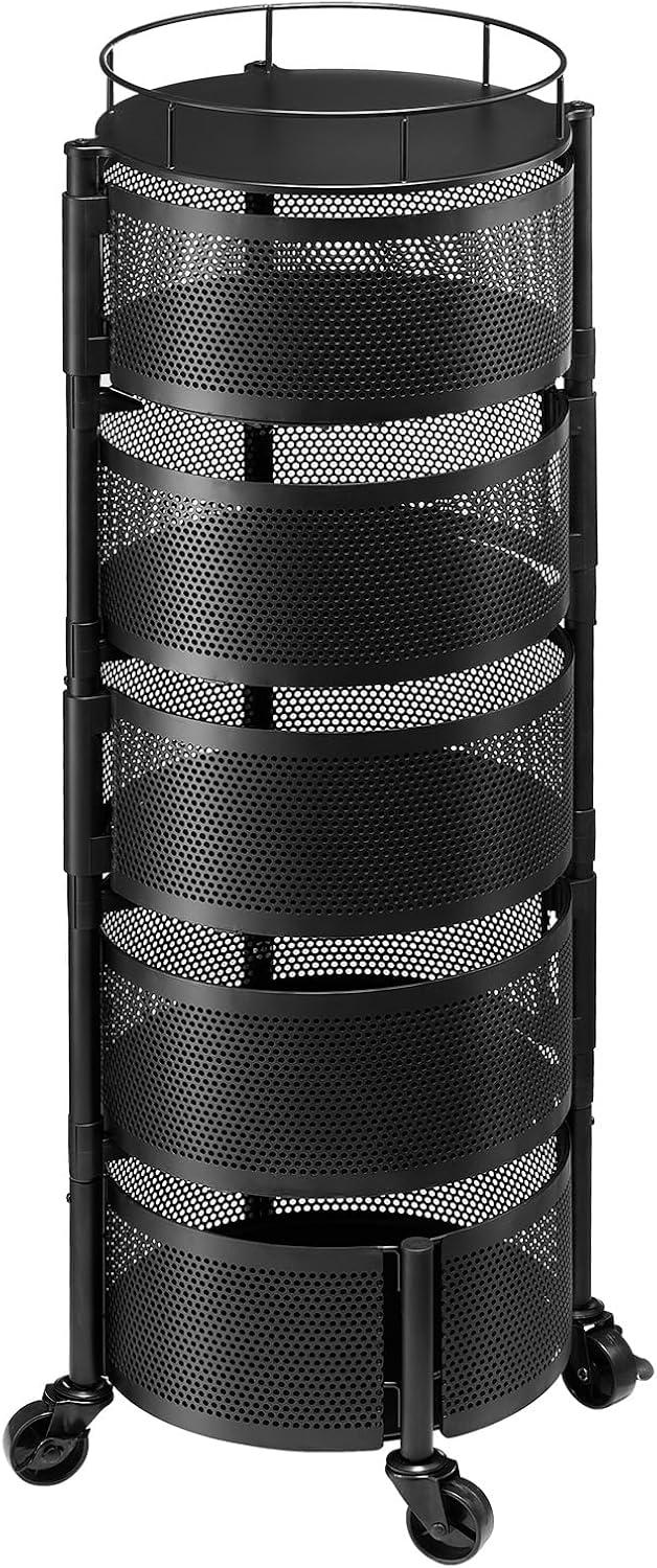 image:imageVEVOR Rotating Storage Rack Cart 5 Tier Fruit and Vegetable Basket Bowls Heavy Duty Wire Basket Organizer on Wheels Large Capacity Stand with Metal Top Lid for Kitchen Bathroom Nursery Black