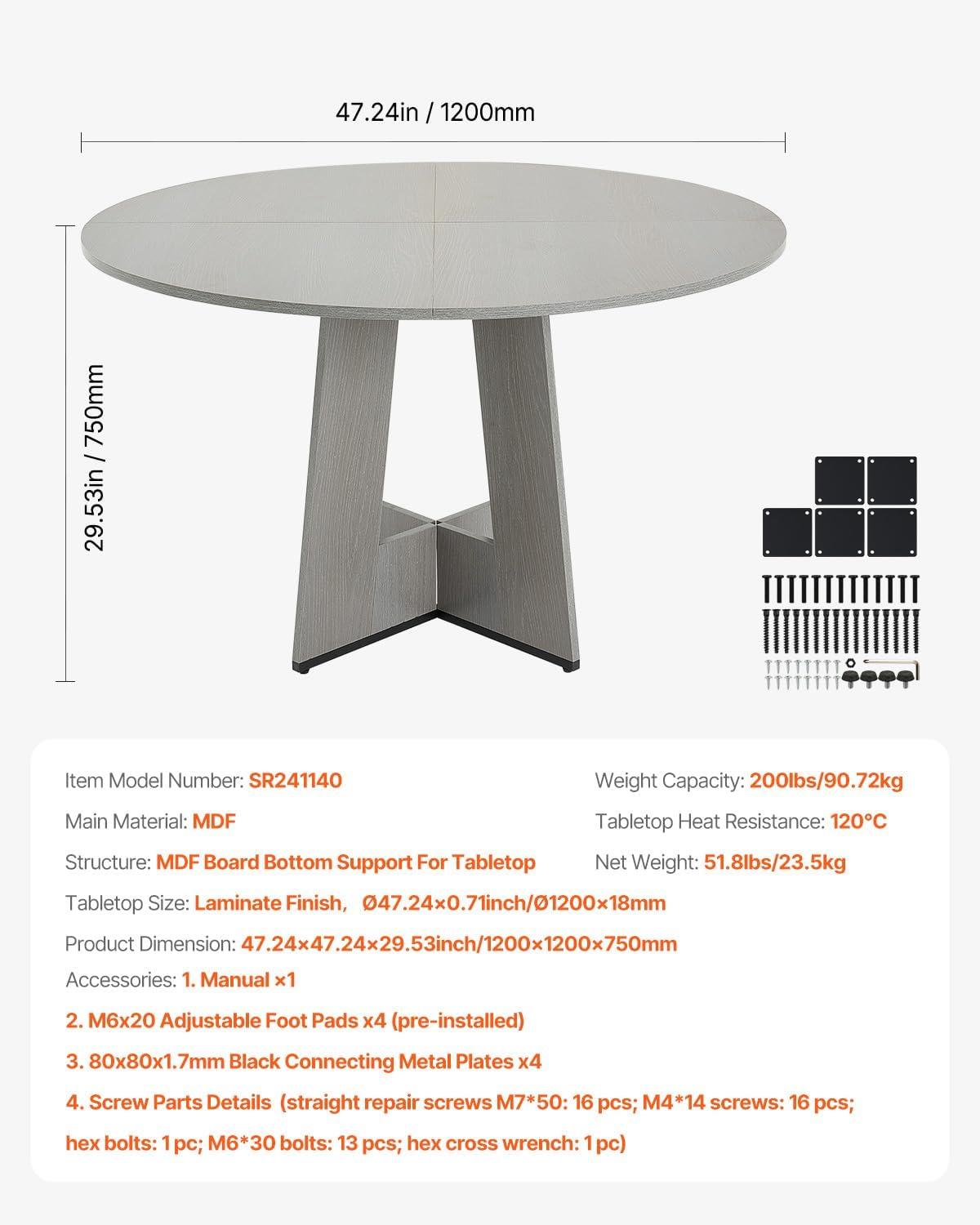 image:imageVEVOR Round Dining Table 47 inch Wood Table for 46 Person Farmhouse Circle Dinner Furniture Rustic Leisure Tables with Thick Wooden Legs for Home Kitchen Living Room Grey Only Table