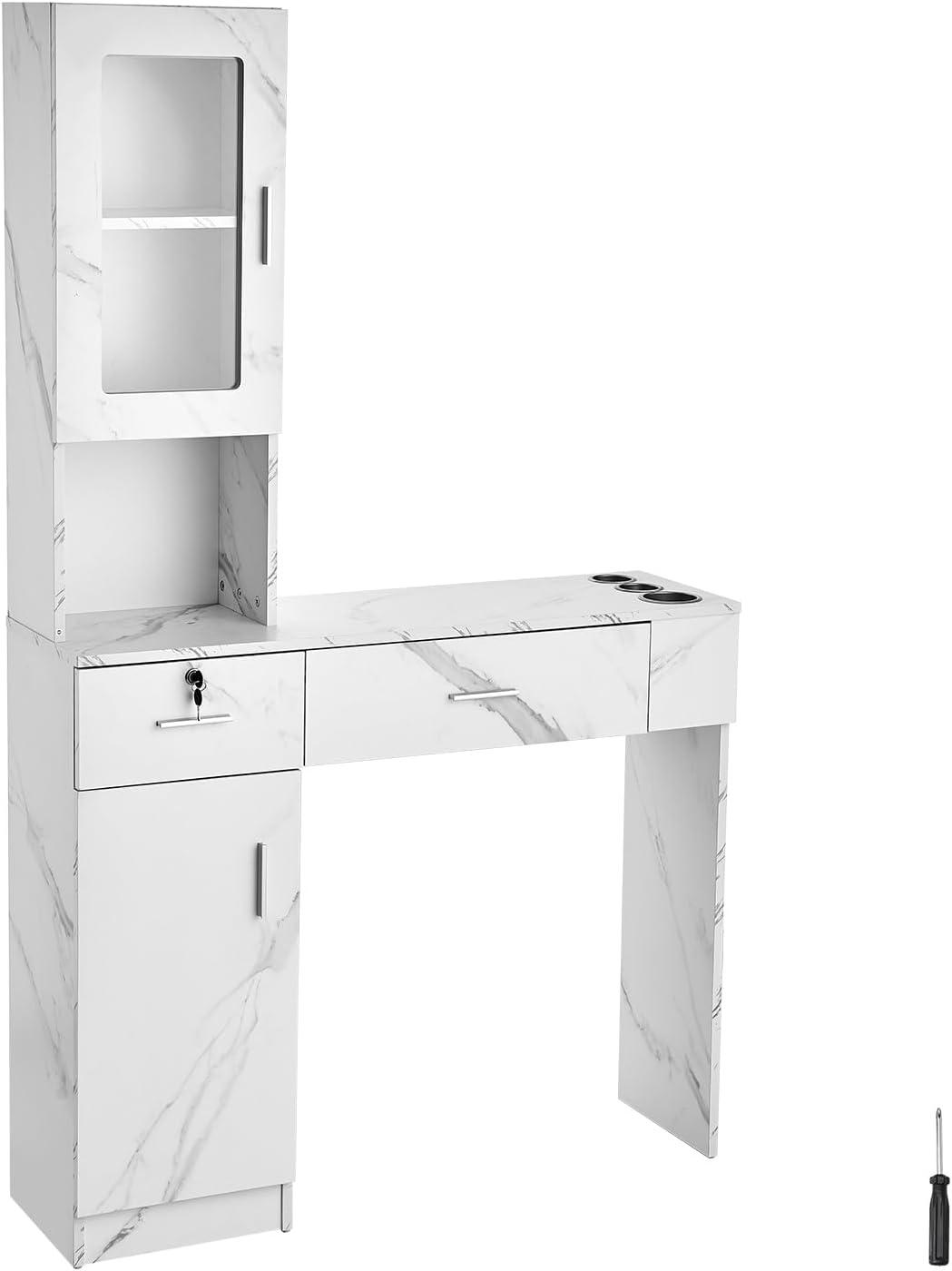 image:imageVEVOR Salon Station Wall Mount Barber Salon Station for Hair Stylist Beauty Spa Furniture Set 1 Storage Cabinet 3 Cubbies and 2 DrawersOne Lockable WhiteWhite