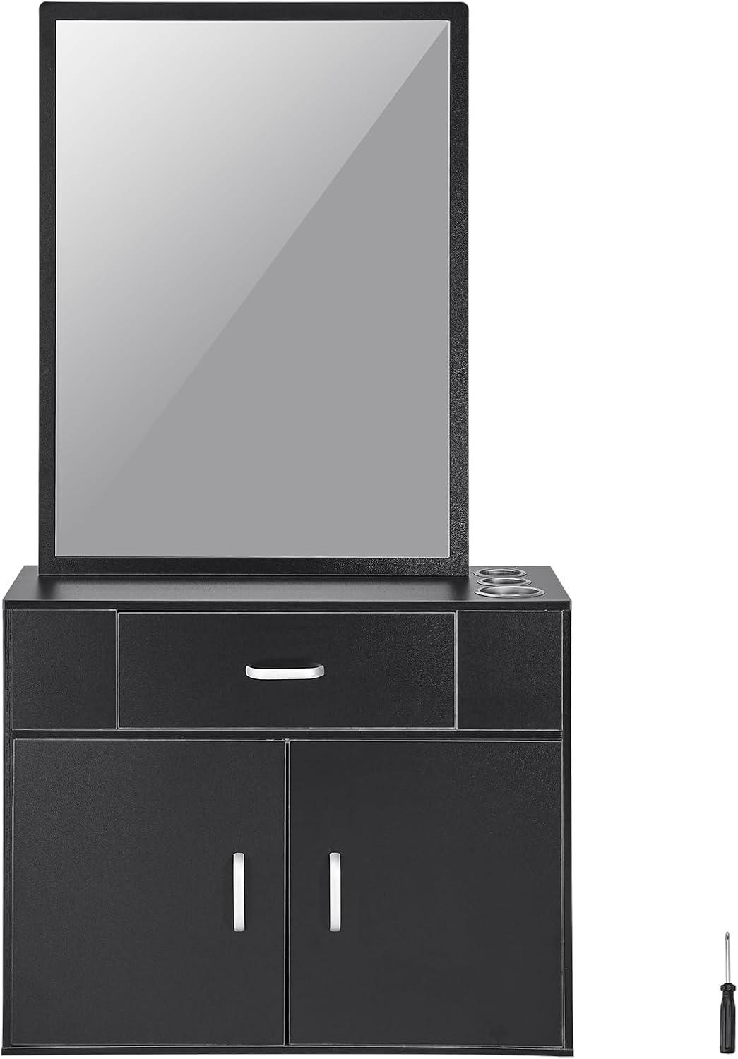 image:imageVEVOR Salon Storage Cabinet Wall Mounted Barber Salon Station for Hair Stylist Hair Stylist Station Set with 3 Sleeves A Mirror DoubleDoor Cabinet and A Drawer Black
