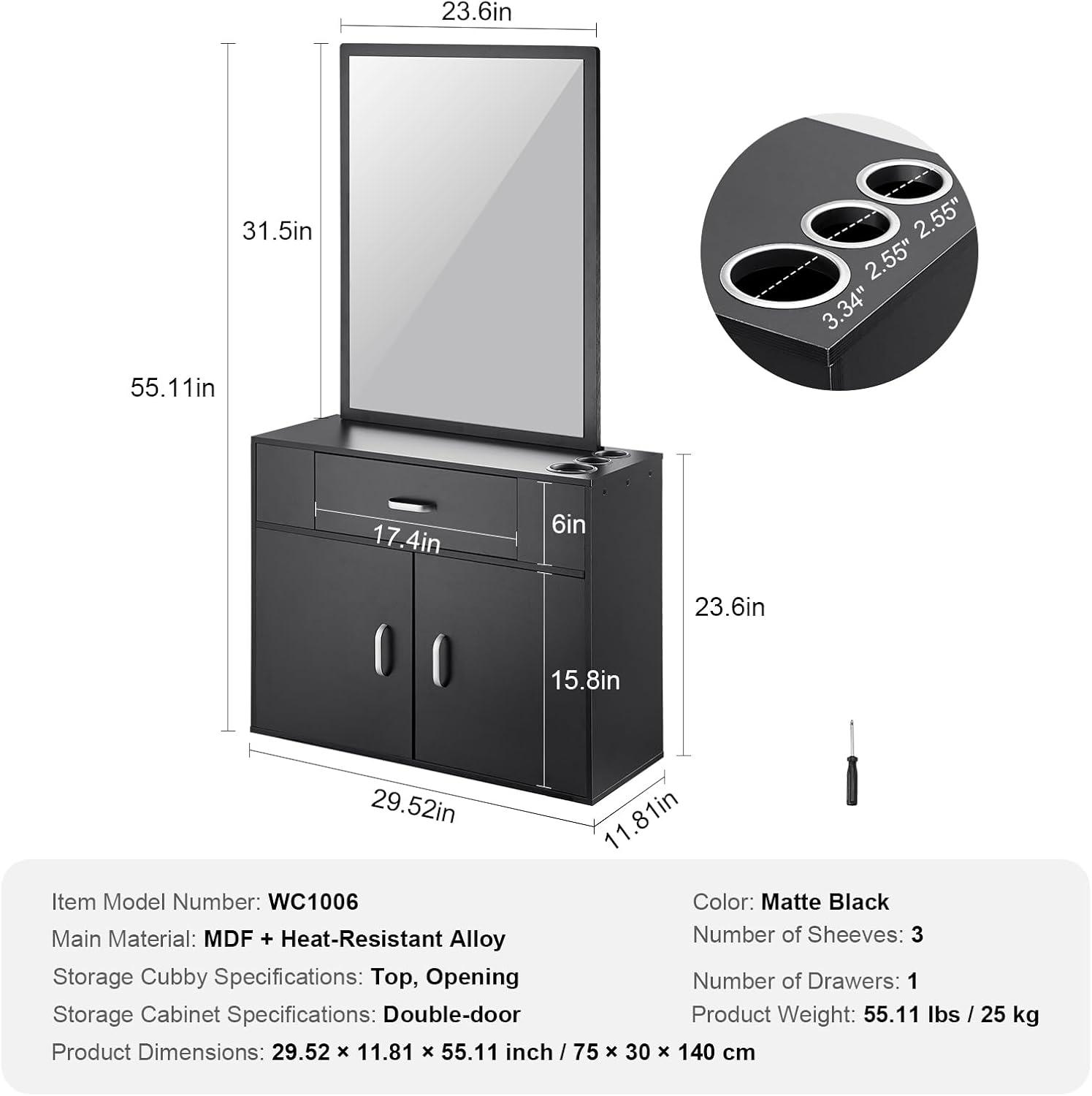 image:imageVEVOR Salon Storage Cabinet Wall Mounted Barber Salon Station for Hair Stylist Hair Stylist Station Set with 3 Sleeves A Mirror DoubleDoor Cabinet and A Drawer Black