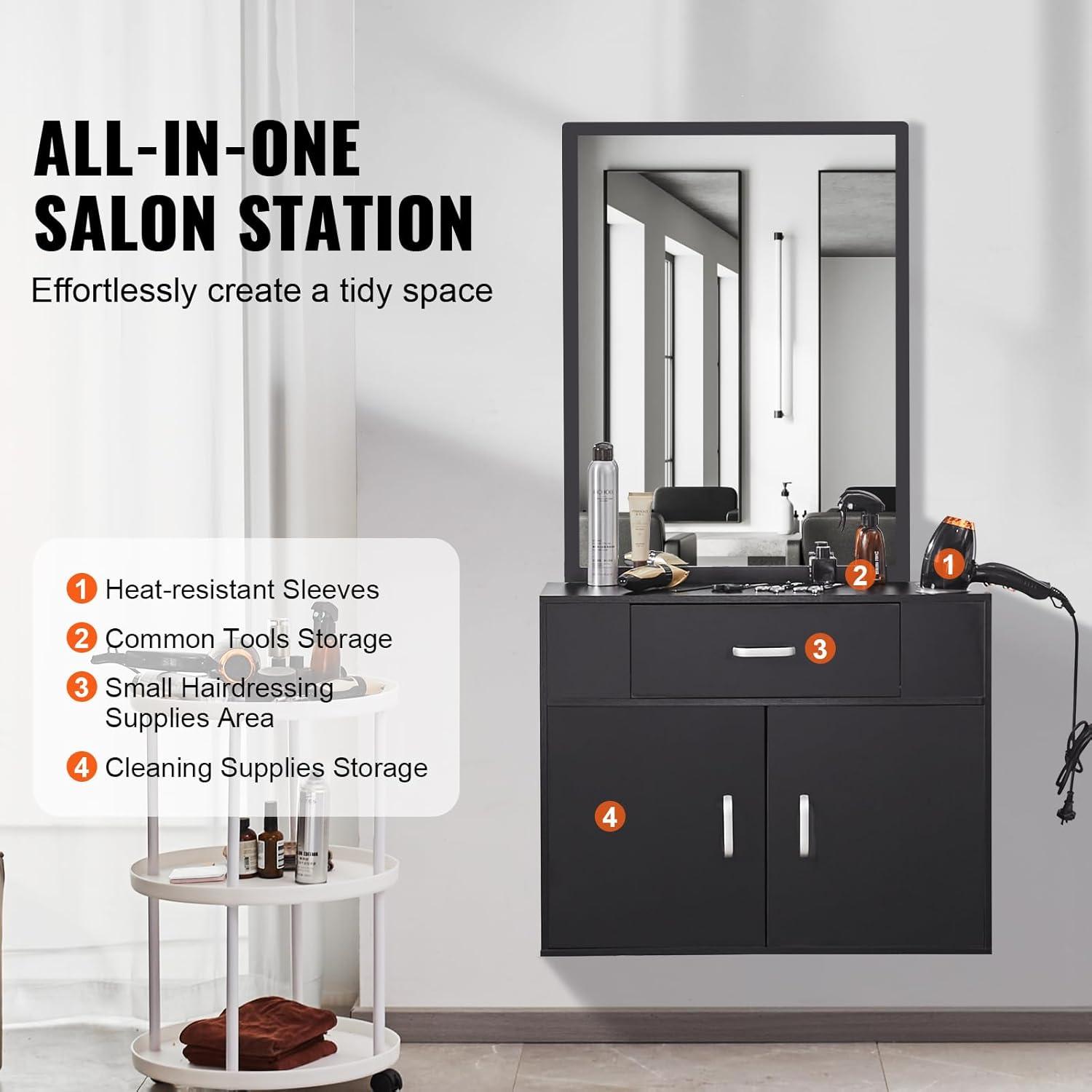 image:imageVEVOR Salon Storage Cabinet Wall Mounted Barber Salon Station for Hair Stylist Hair Stylist Station Set with 3 Sleeves A Mirror DoubleDoor Cabinet and A Drawer Black