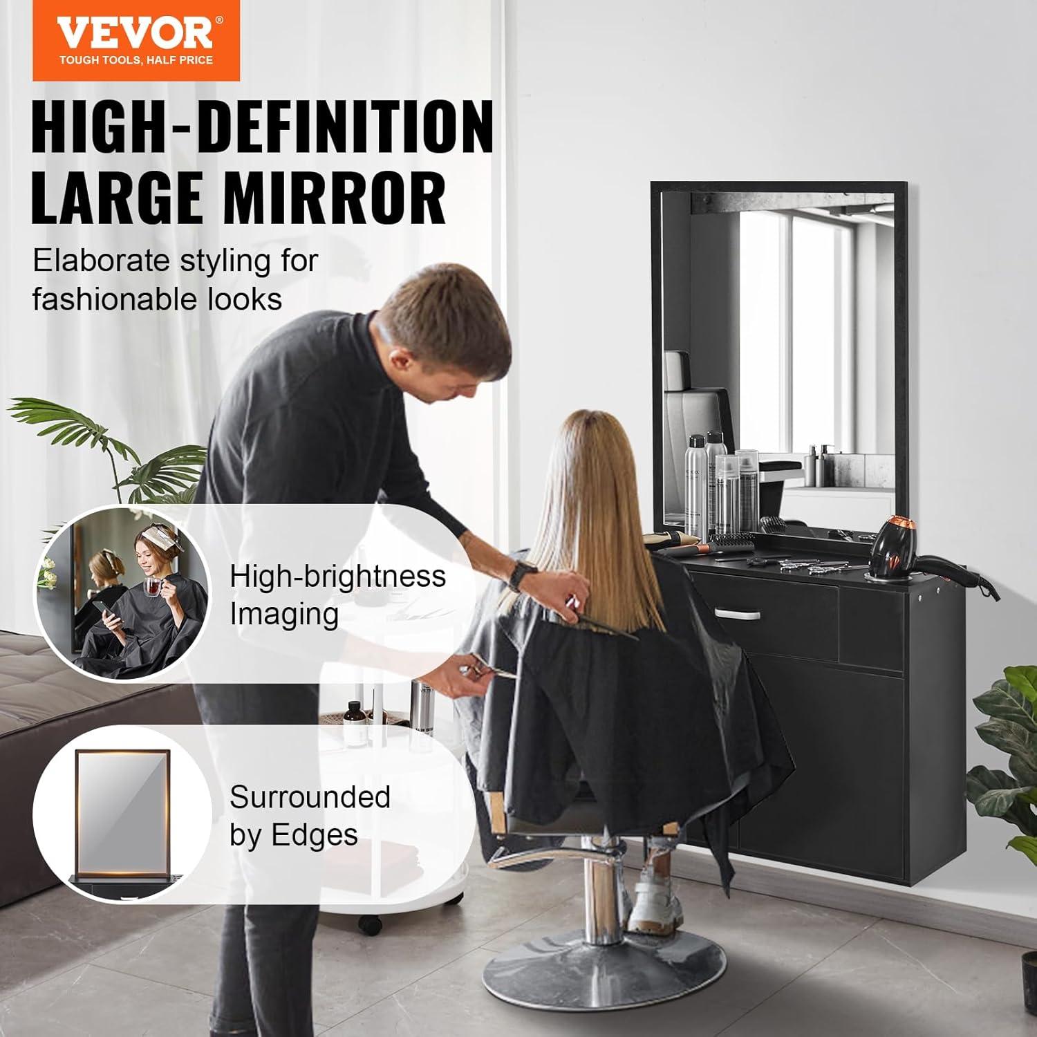 image:imageVEVOR Salon Storage Cabinet Wall Mounted Barber Salon Station for Hair Stylist Hair Stylist Station Set with 3 Sleeves A Mirror DoubleDoor Cabinet and A Drawer Black