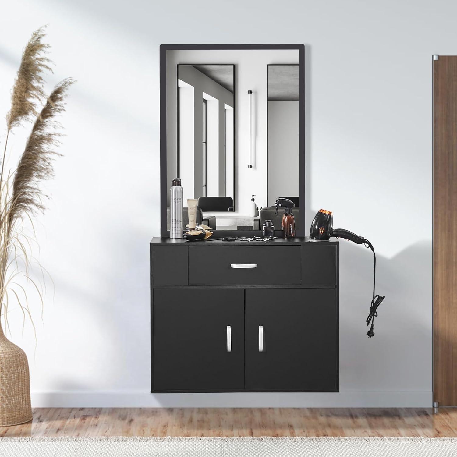 image:imageVEVOR Salon Storage Cabinet Wall Mounted Barber Salon Station for Hair Stylist Hair Stylist Station Set with 3 Sleeves A Mirror DoubleDoor Cabinet and A Drawer Black