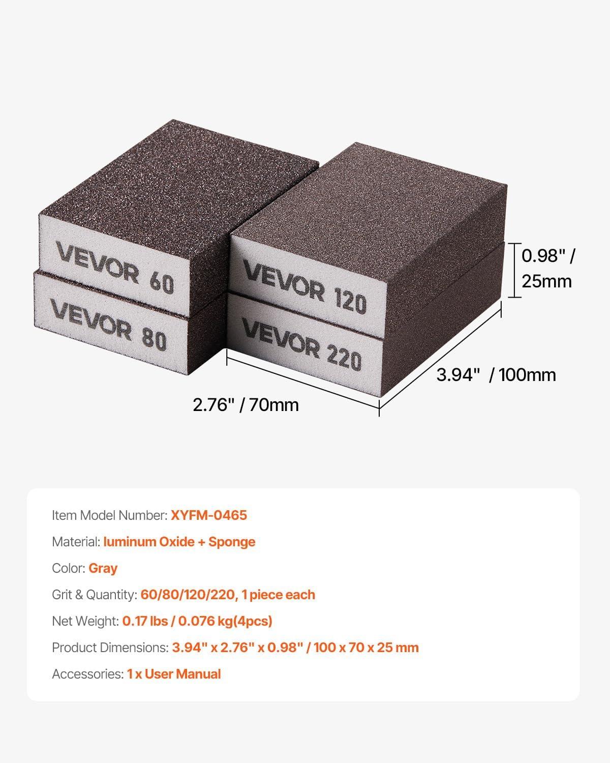image:imageVEVOR Sanding Sponge 4 Pcs 6080120220 Grit Assortment Washable and Reusable Sanding Blocks for Dry amp Wet Use Coarse to Fine Sandpaper Blocks for Polishing Drywall Wood Plastic Metal Furniture4 Pcs sanding block
