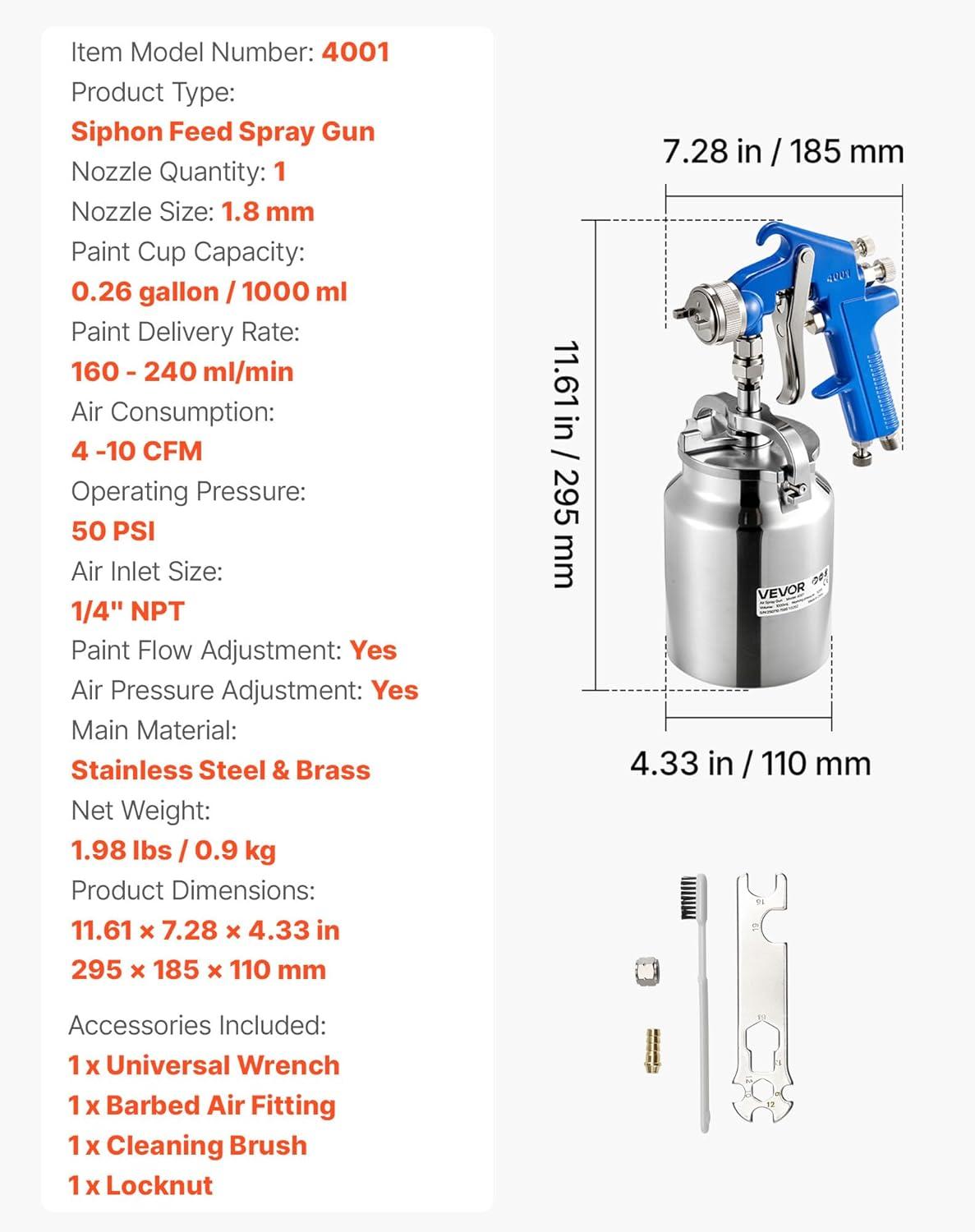 image:imageVEVOR Siphon Feed Spray Gun High Atomization Air Paint Spray Gun 1000cc Automotive Paint Sprayer with 18 mm Nozzle Adjustable Flow Rate amp Air Volume for Car Furniture Wall House PaintingSiphon 18 mm