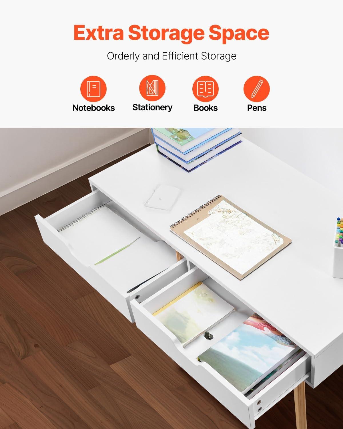 image:imageVEVOR Small Desk with Drawers Kids Desk for Bedroom Wooden Simple Study Table for Drawing Reading Writing Rectangle MDF Furniture Study Storage Table for Home Office White Wood3898D x 2008W x 3012H