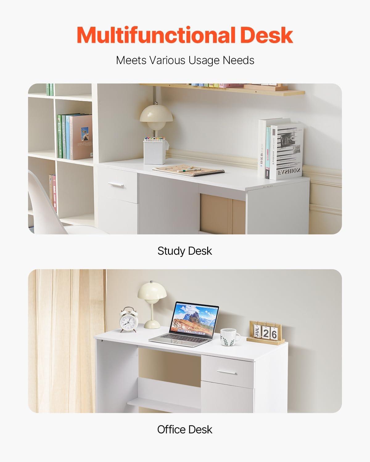 image:imageVEVOR Small Desk with Drawers Kids Desk for Bedroom Wooden Simple Study Table for Drawing Reading Writing Rectangle MDF Furniture Study Storage Table for Home Office White Wood4134D x 1732W x 2957H