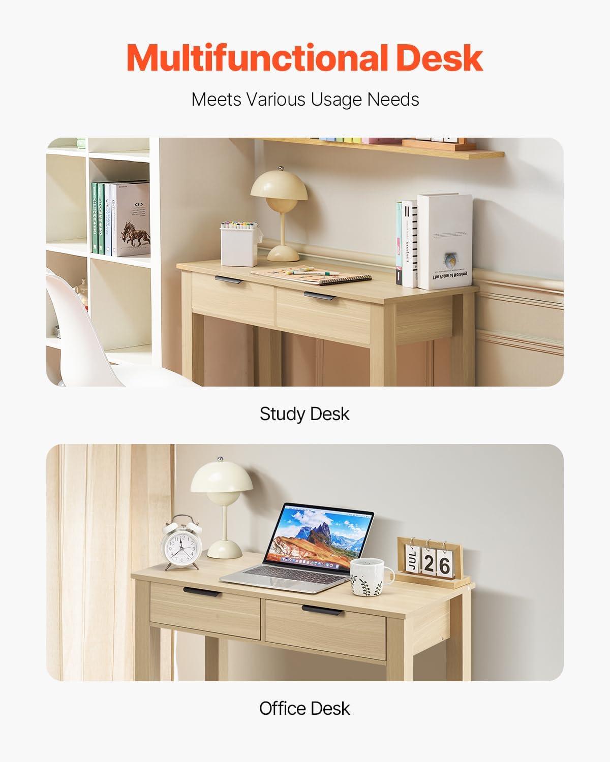 image:imageVEVOR Small Desk with Drawers Kids Desk for Bedroom Wooden Simple Study Table for Drawing Reading Writing Rectangle MDF Furniture Study Storage Table for Home Office White Wood3425d X 1555w X 2957h