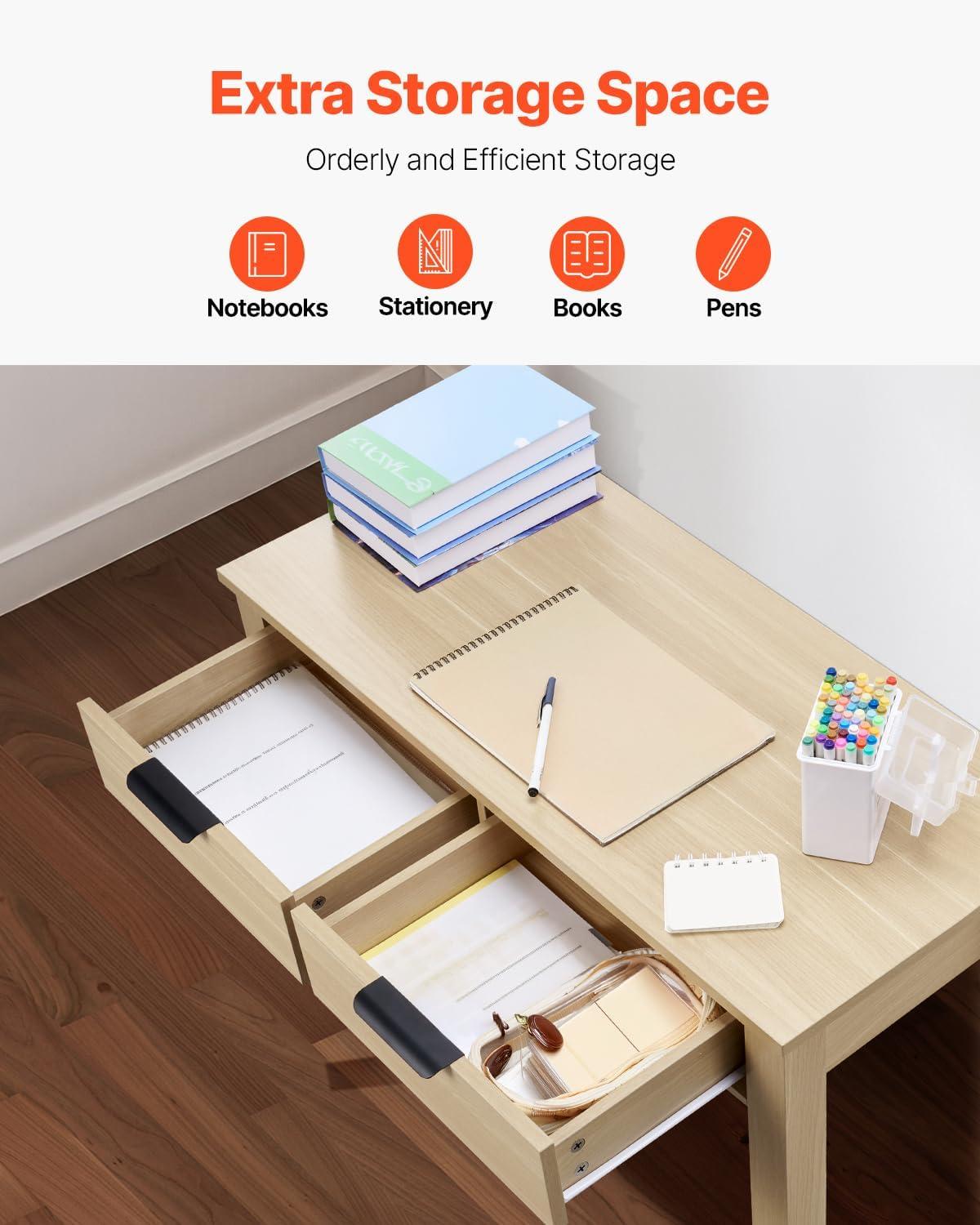 image:imageVEVOR Small Desk with Drawers Kids Desk for Bedroom Wooden Simple Study Table for Drawing Reading Writing Rectangle MDF Furniture Study Storage Table for Home Office White Wood3425d X 1555w X 2957h