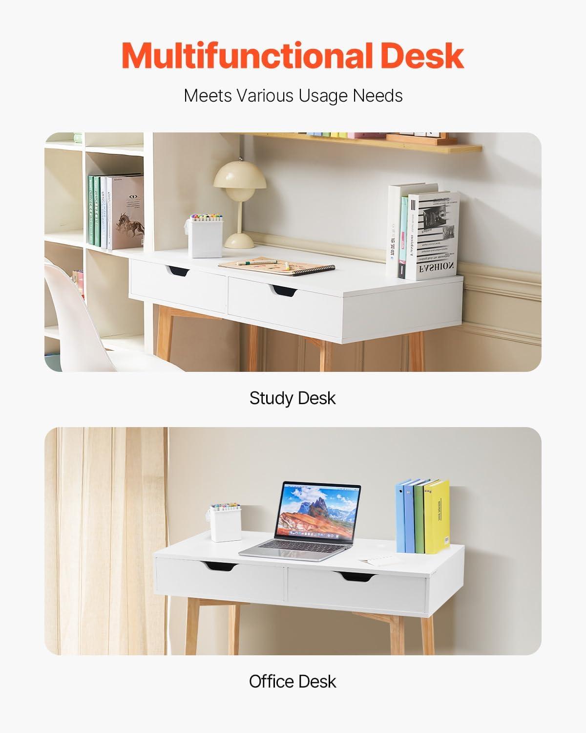 image:imageVEVOR Small Desk with Drawers Kids Desk for Bedroom Wooden Simple Study Table for Drawing Reading Writing Rectangle MDF Furniture Study Storage Table for Home Office White Wood3898D x 2008W x 3012H